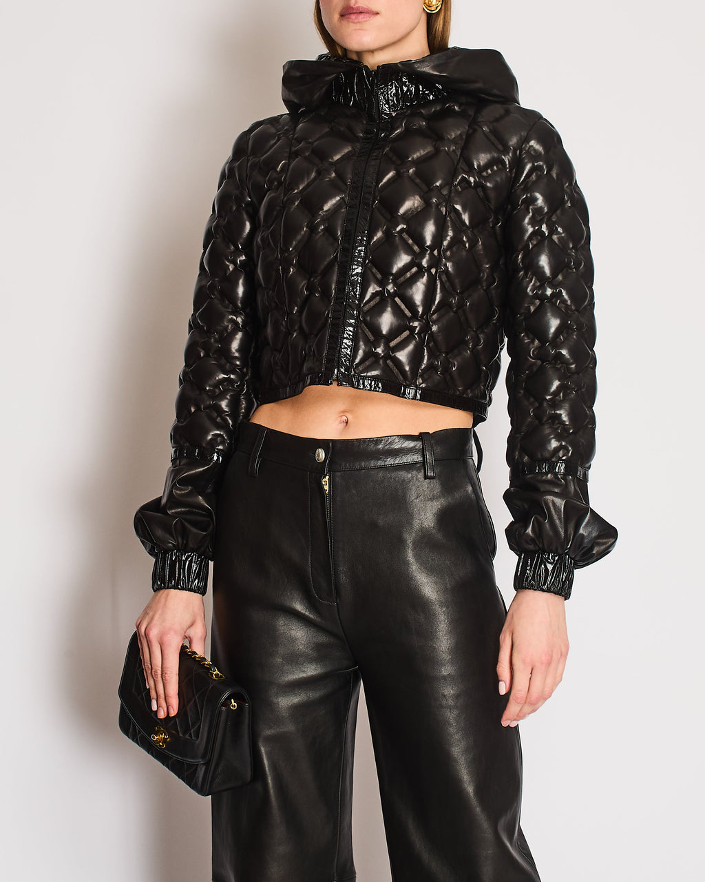 Chanel Fall/Winter 2016 Collection Black Lambskin Cropped Hooded Puffer Jacket with Patent Detailing Size 40 (UK 12)