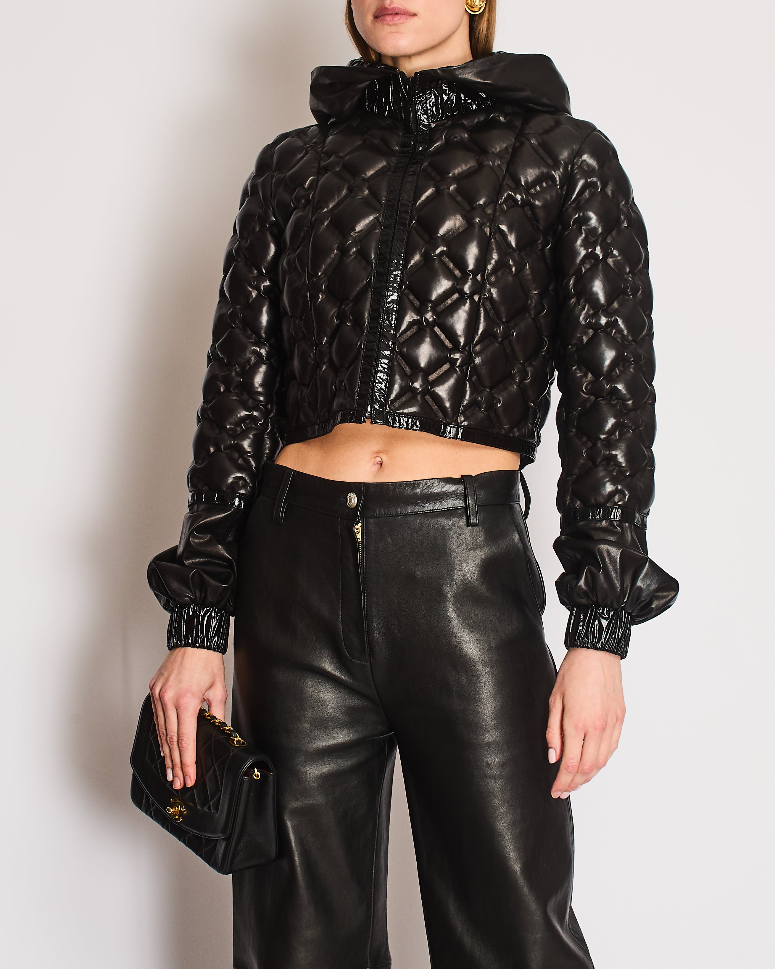 Chanel Fall/Winter 2016 Collection Black Lambskin Cropped Hooded Puffer Jacket with Patent Detailing Size 40 (UK 12)