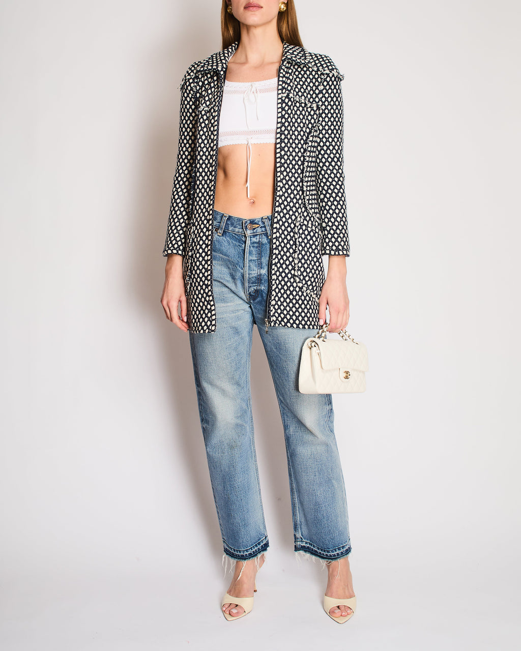 Chanel Navy, White Tweed Fringe Coat with Fringed Trims and a Silver Zip Size FR 38 (UK 10)
