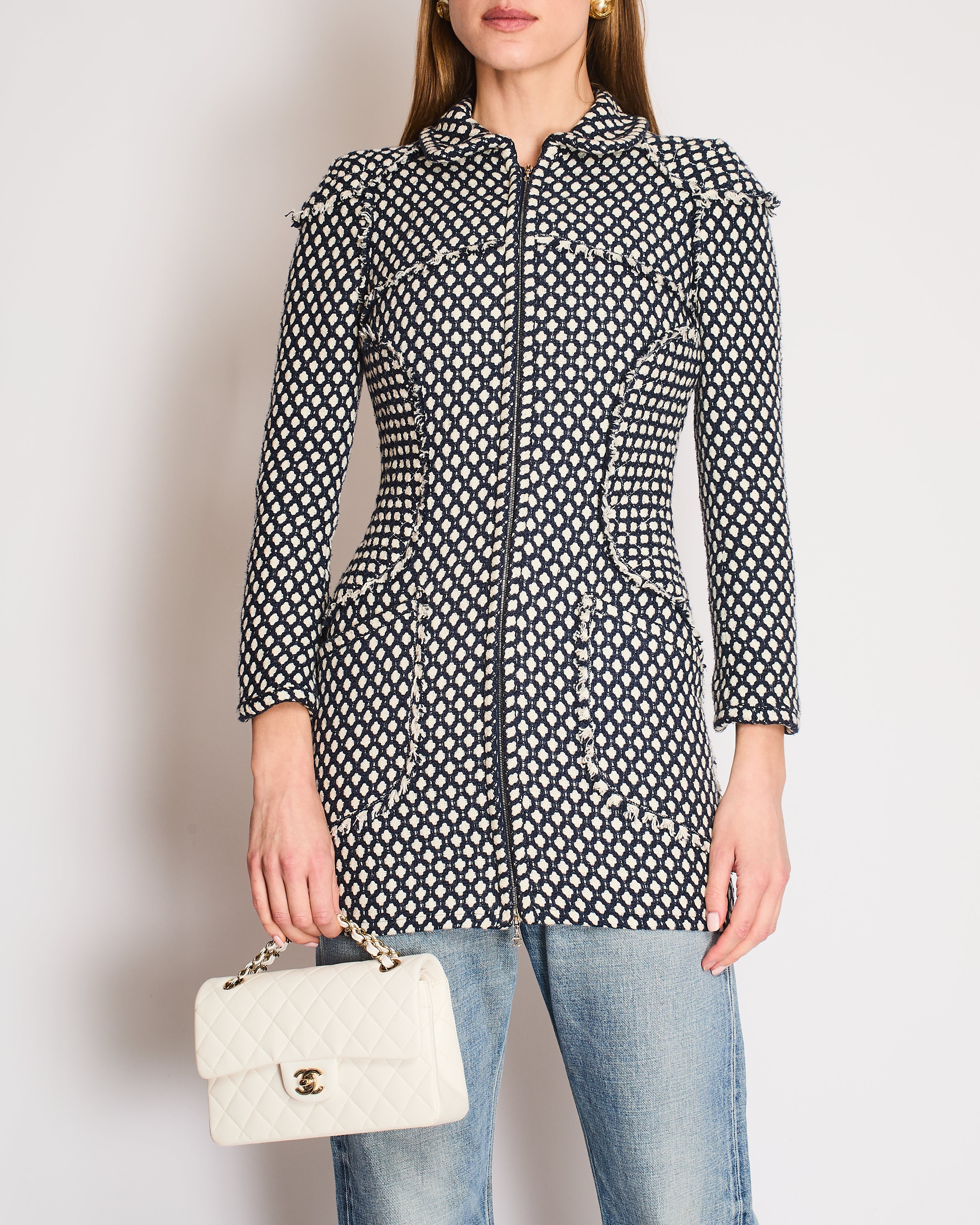 Chanel Navy, White Tweed Fringe Coat with Fringed Trims and a Silver Zip Size FR 38 (UK 10)