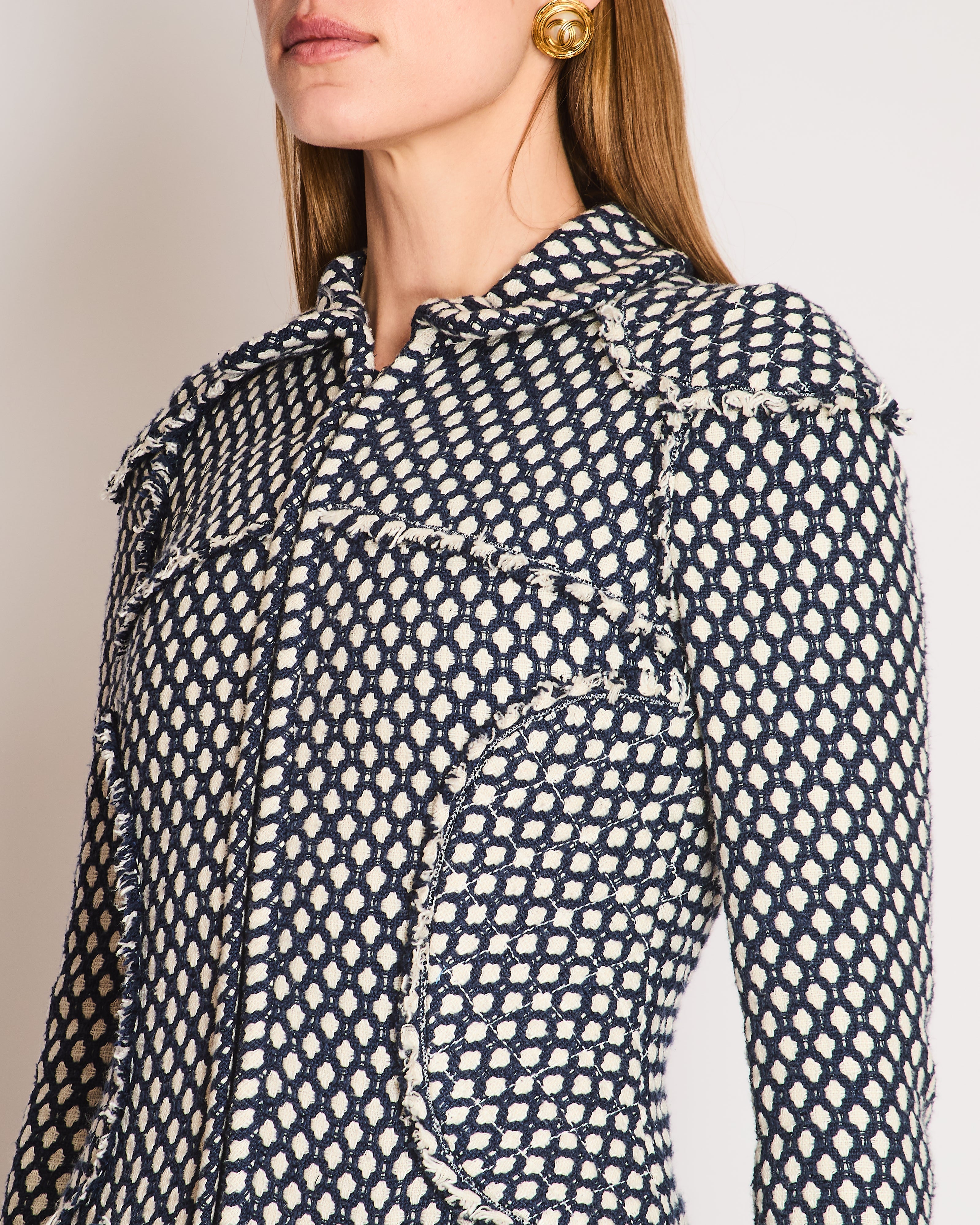 Chanel Navy, White Tweed Fringe Coat with Fringed Trims and a Silver Zip Size FR 38 (UK 10)