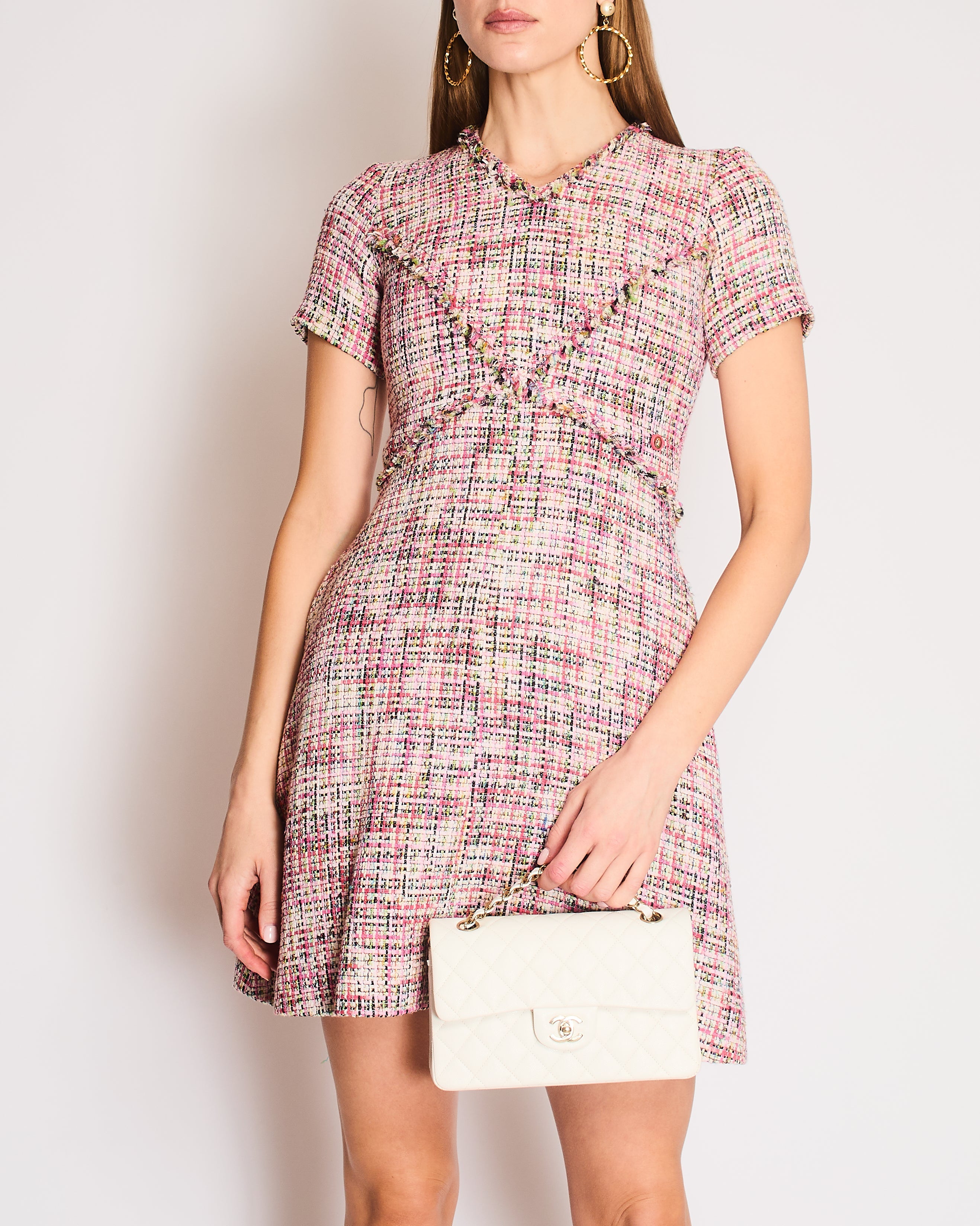 Chanel Spring 2017 Pink Tweed Mini Dress with a V-Neckline Size FR 34 (UK 6)
