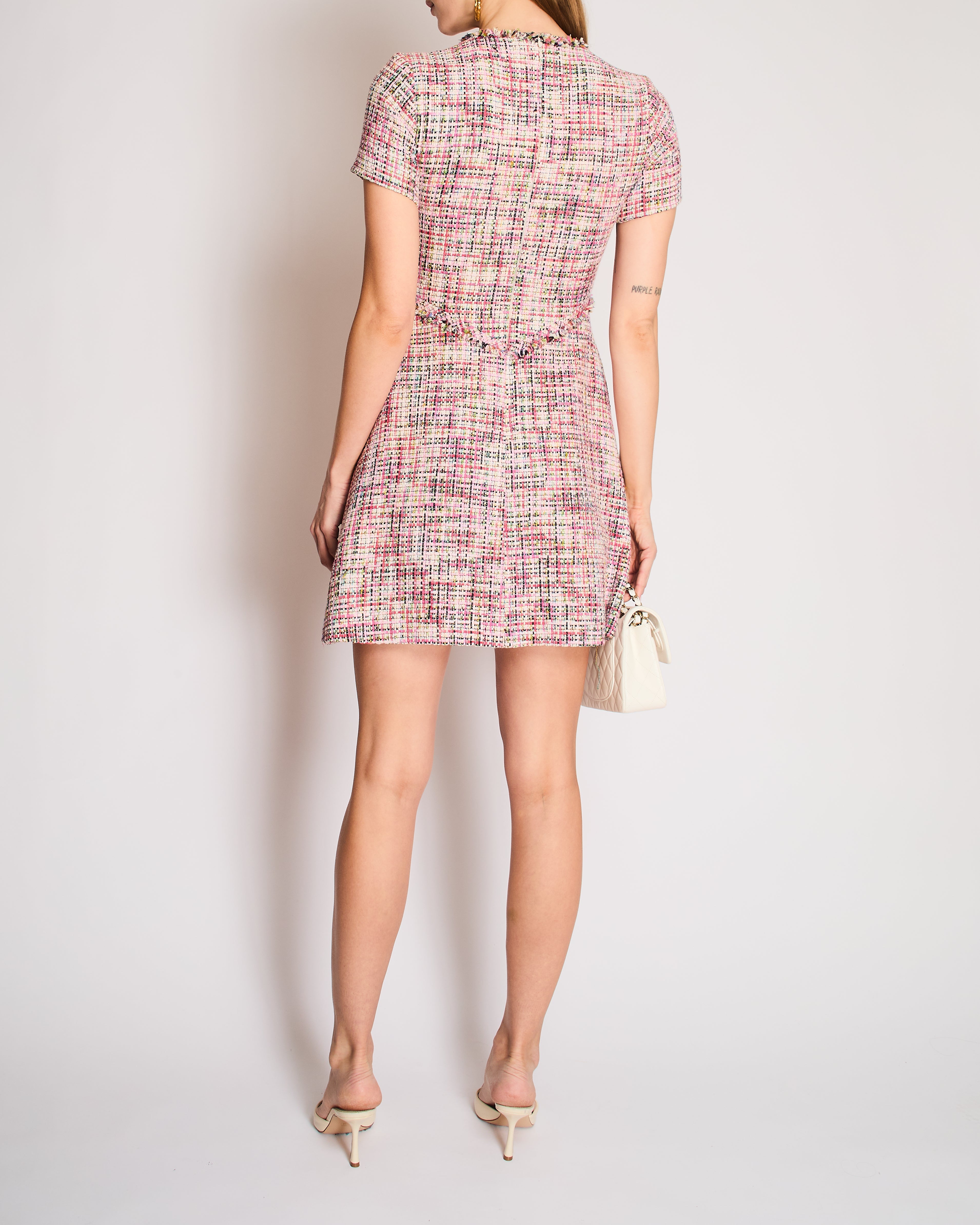 Chanel Spring 2017 Pink Tweed Mini Dress with a V-Neckline Size FR 34 (UK 6)