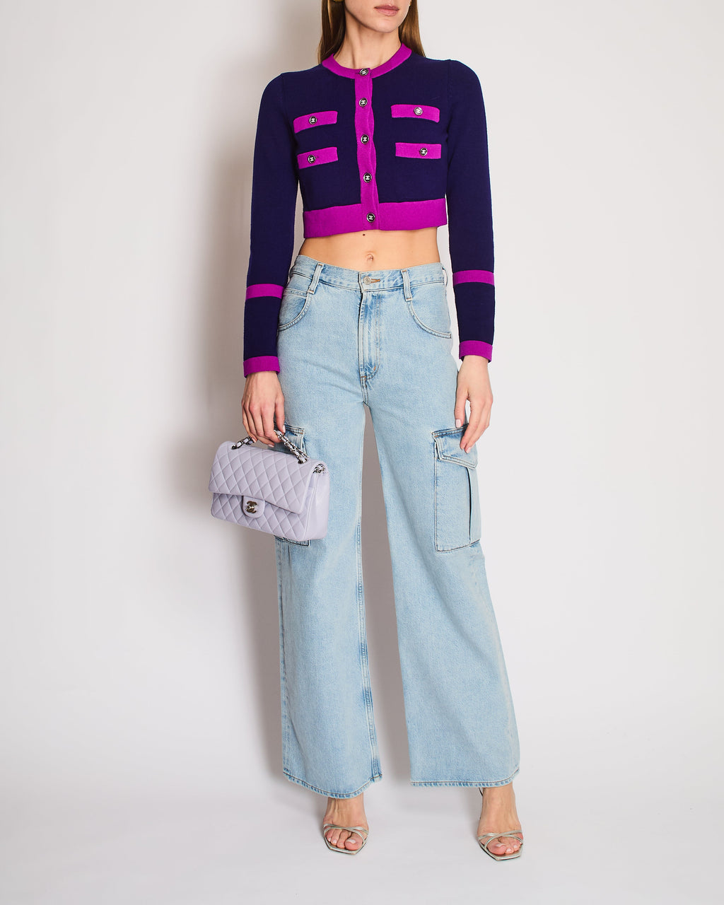 Chanel 23B Purple and Pink Contrast Trim Cropped Cardigan with Silver CC Buttons Size FR 36 (UK 8)