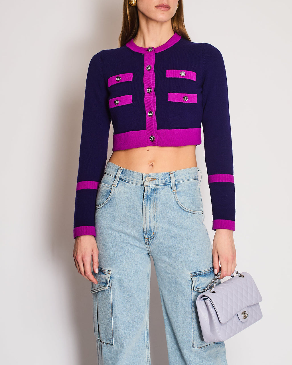 Chanel 23B Purple and Pink Contrast Trim Cropped Cardigan with Silver CC Buttons Size FR 36 (UK 8)