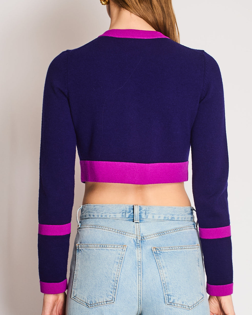 Chanel 23B Purple and Pink Contrast Trim Cropped Cardigan with Silver CC Buttons Size FR 36 (UK 8)