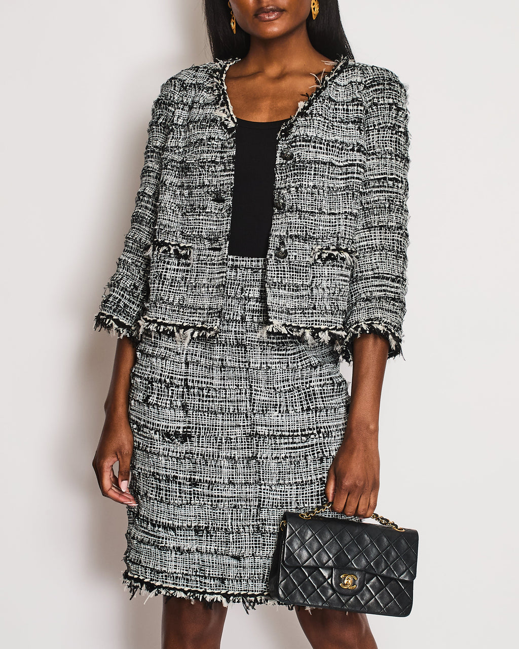 Chanel Black and White Tweed Blazer and Midi Skirt Set with Black CC Logo Buttons and Feather Trim Size FR 40-42 (UK 12-14)