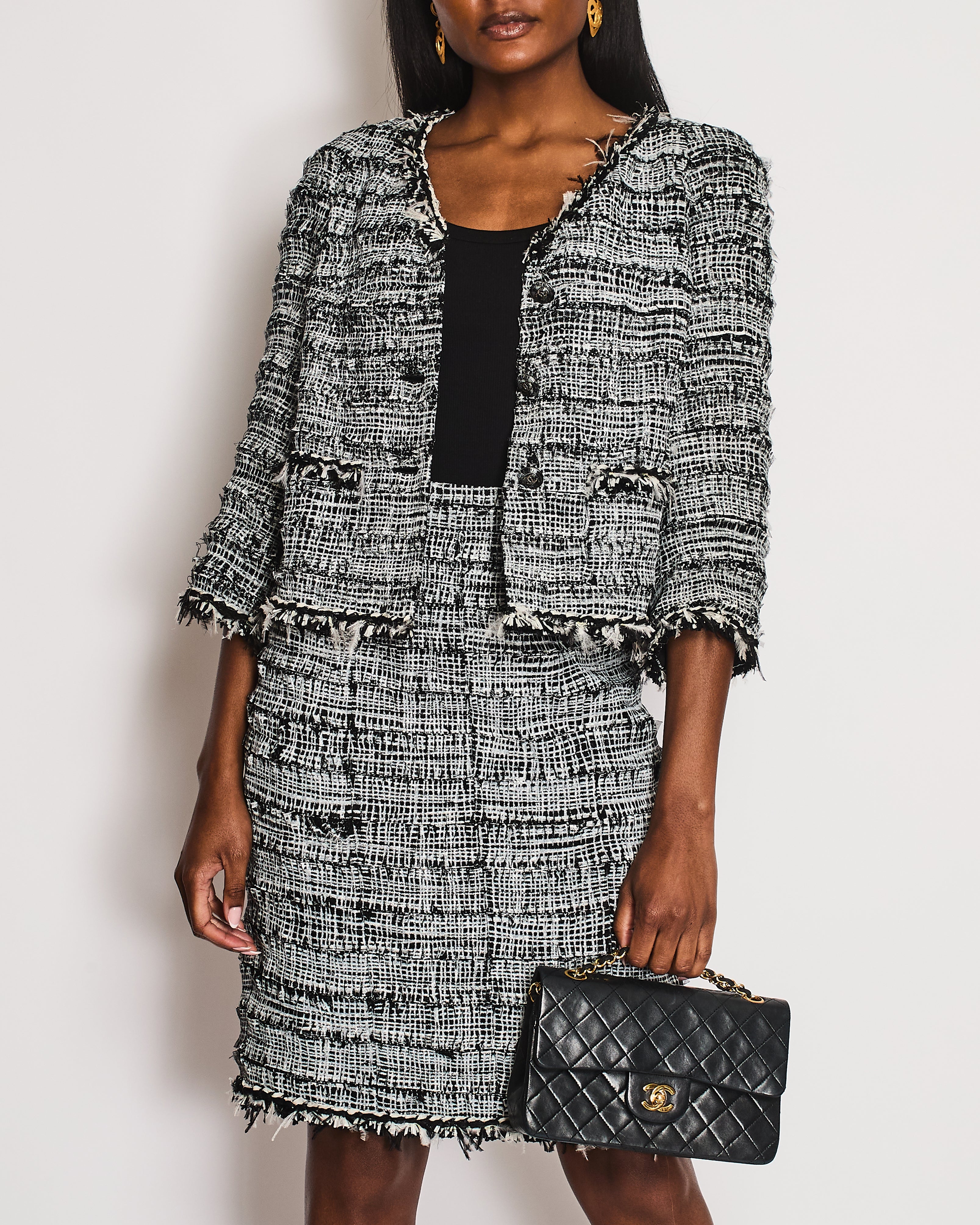 Chanel Black and White Tweed Blazer and Midi Skirt Set with Black CC Logo Buttons and Feather Trim Size FR 40-42 (UK 12-14)