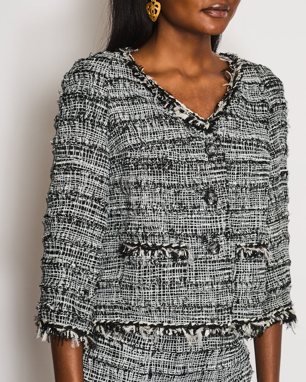 Chanel Black and White Tweed Blazer and Midi Skirt Set with Black CC Logo Buttons and Feather Trim Size FR 40-42 (UK 12-14)