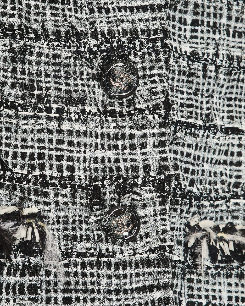 Chanel Black and White Tweed Blazer and Midi Skirt Set with Black CC Logo Buttons and Feather Trim Size FR 40-42 (UK 12-14)