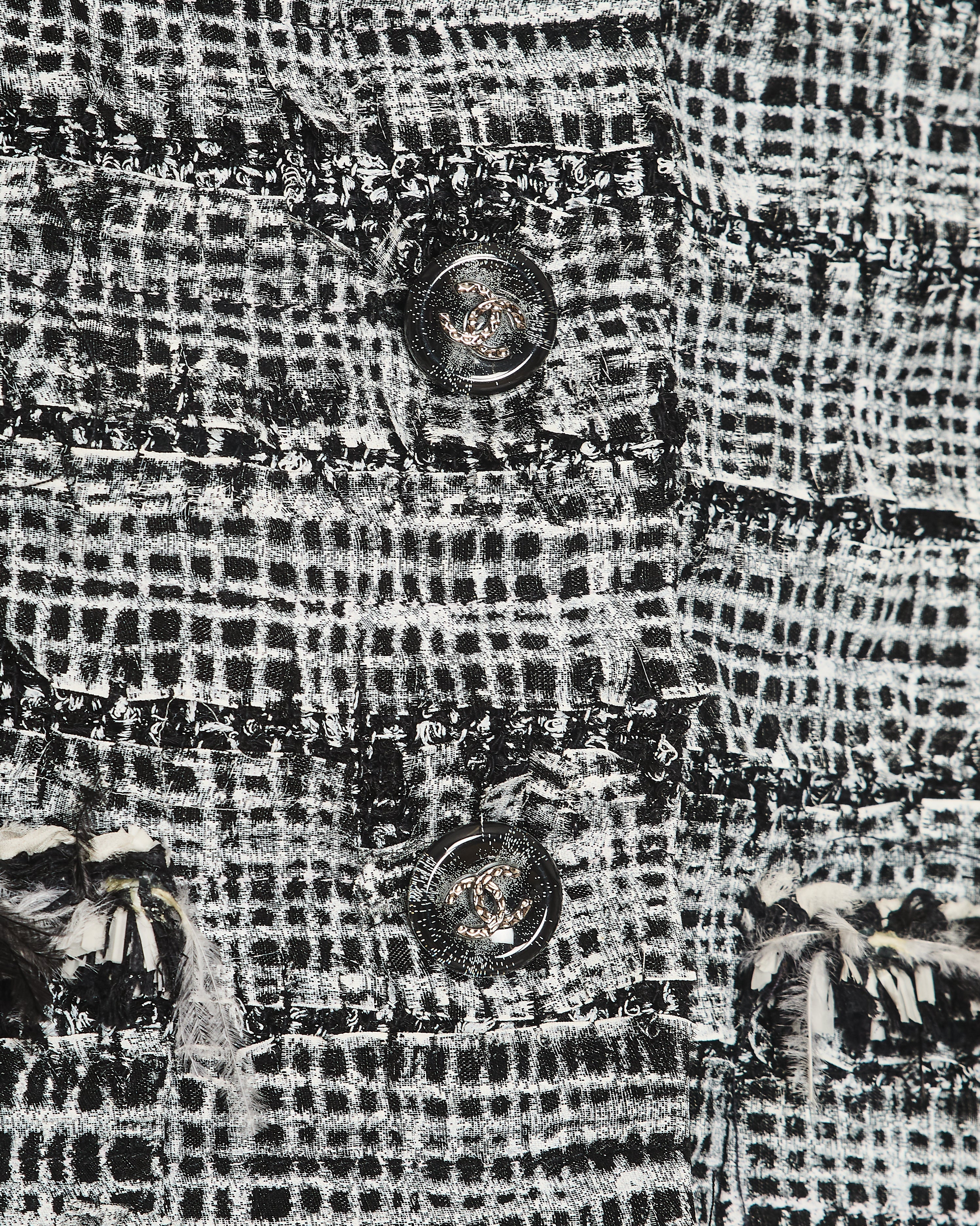 Chanel Black and White Tweed Blazer and Midi Skirt Set with Black CC Logo Buttons and Feather Trim Size FR 40-42 (UK 12-14)