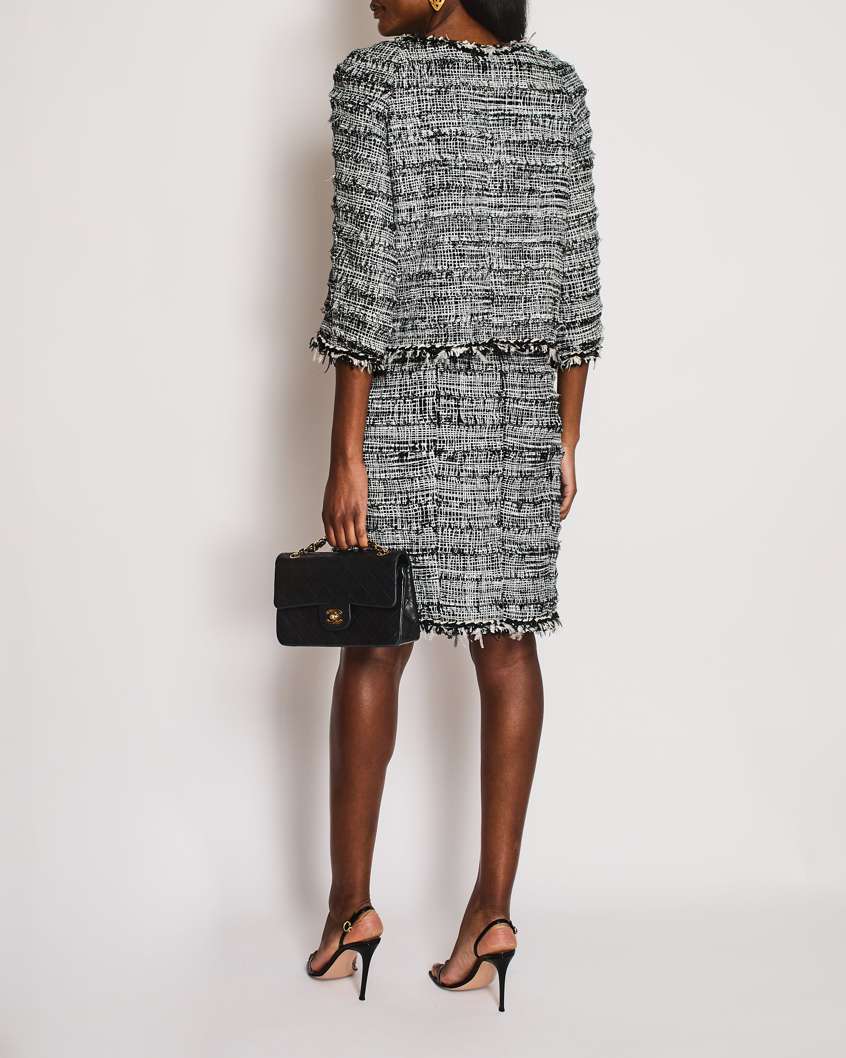 Chanel Black and White Tweed Blazer and Midi Skirt Set with Black CC Logo Buttons and Feather Trim Size FR 40-42 (UK 12-14)