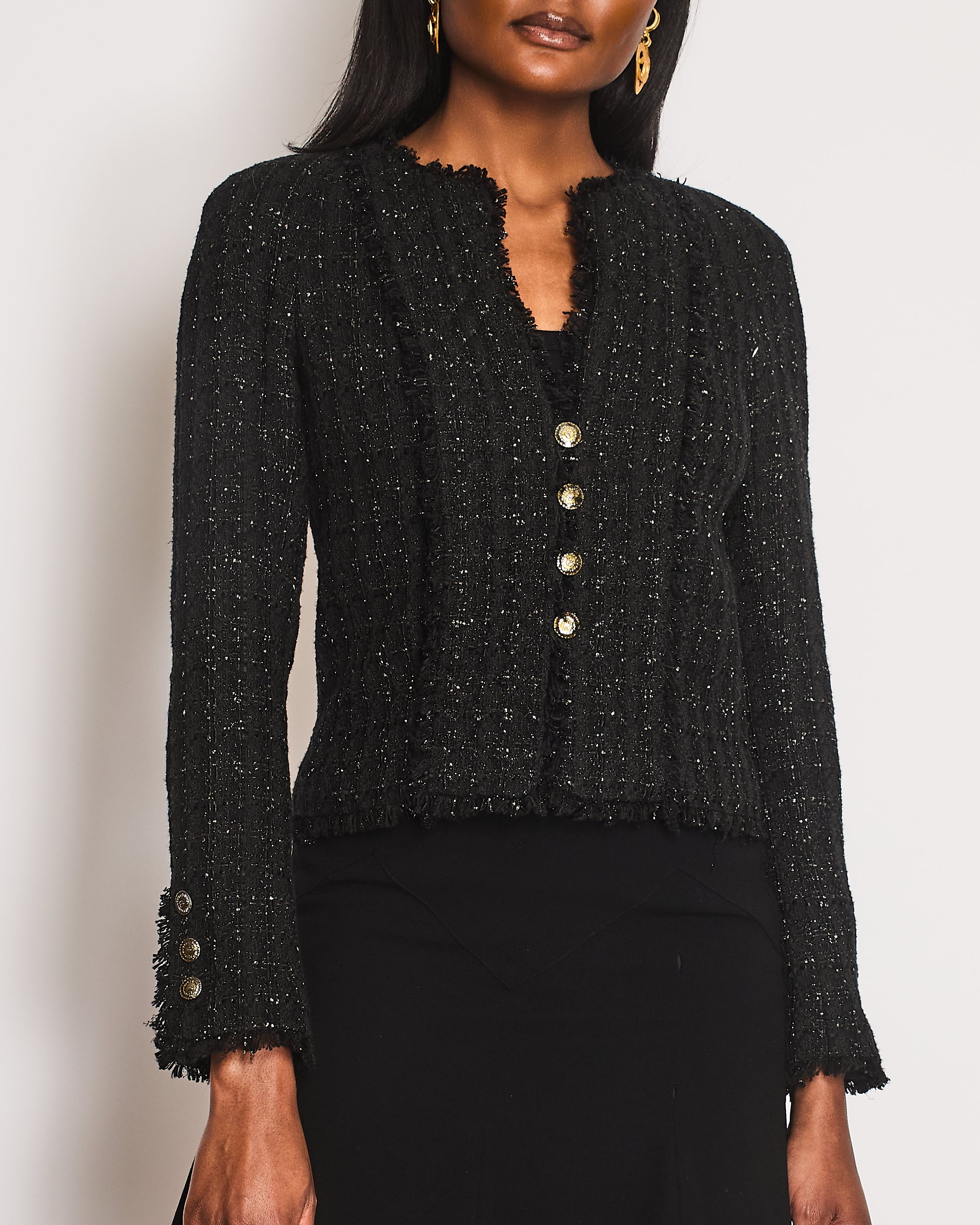 Chanel 2005 Black Tweed Single Breasted Jacket with Frayed Trim Detail Size FR 36 (UK 8)