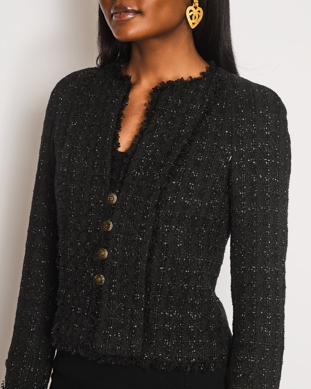 Chanel 2005 Black Tweed Single Breasted Jacket with Frayed Trim Detail Size FR 36 (UK 8)