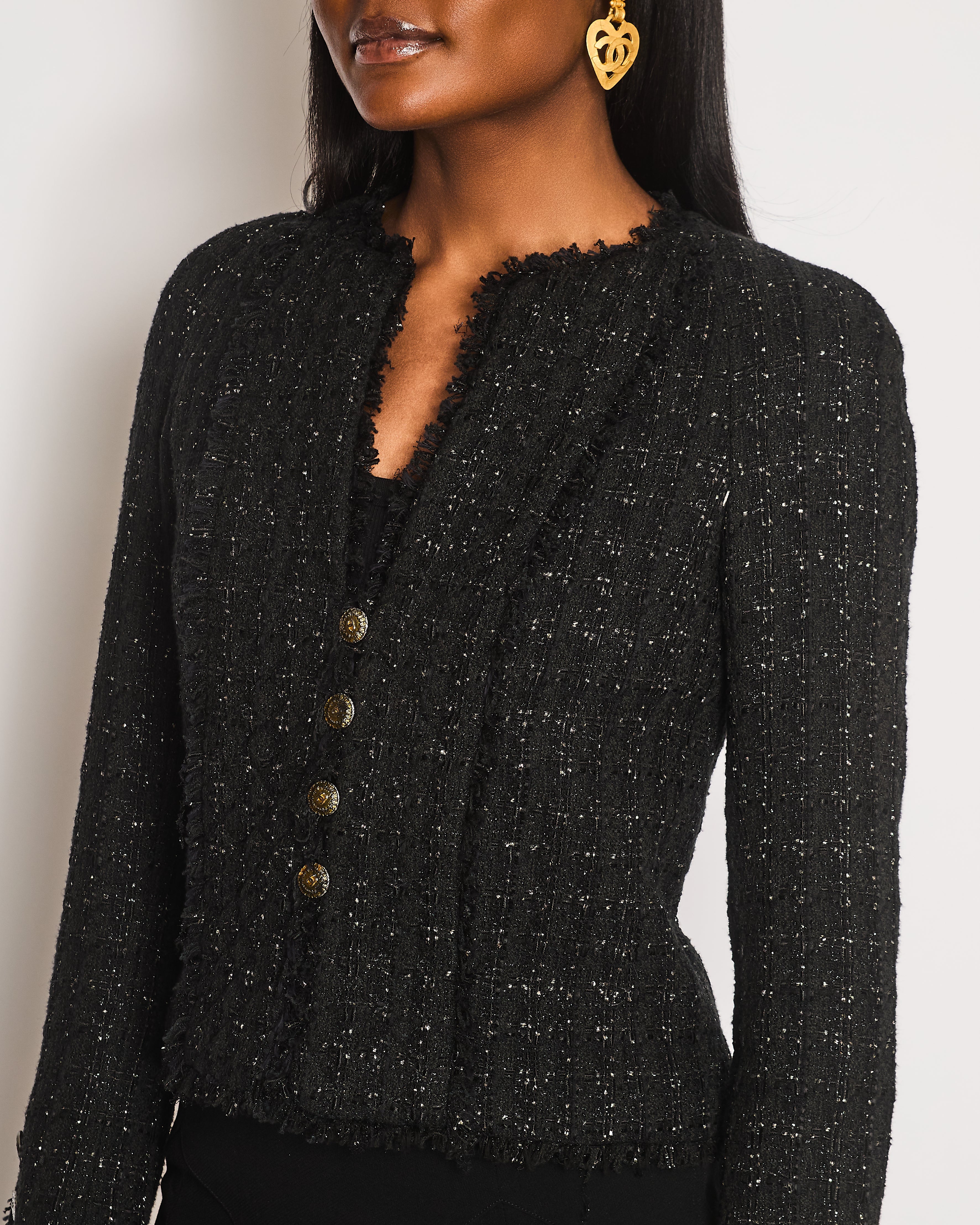 Chanel 2005 Black Tweed Single Breasted Jacket with Frayed Trim Detail Size FR 36 (UK 8)