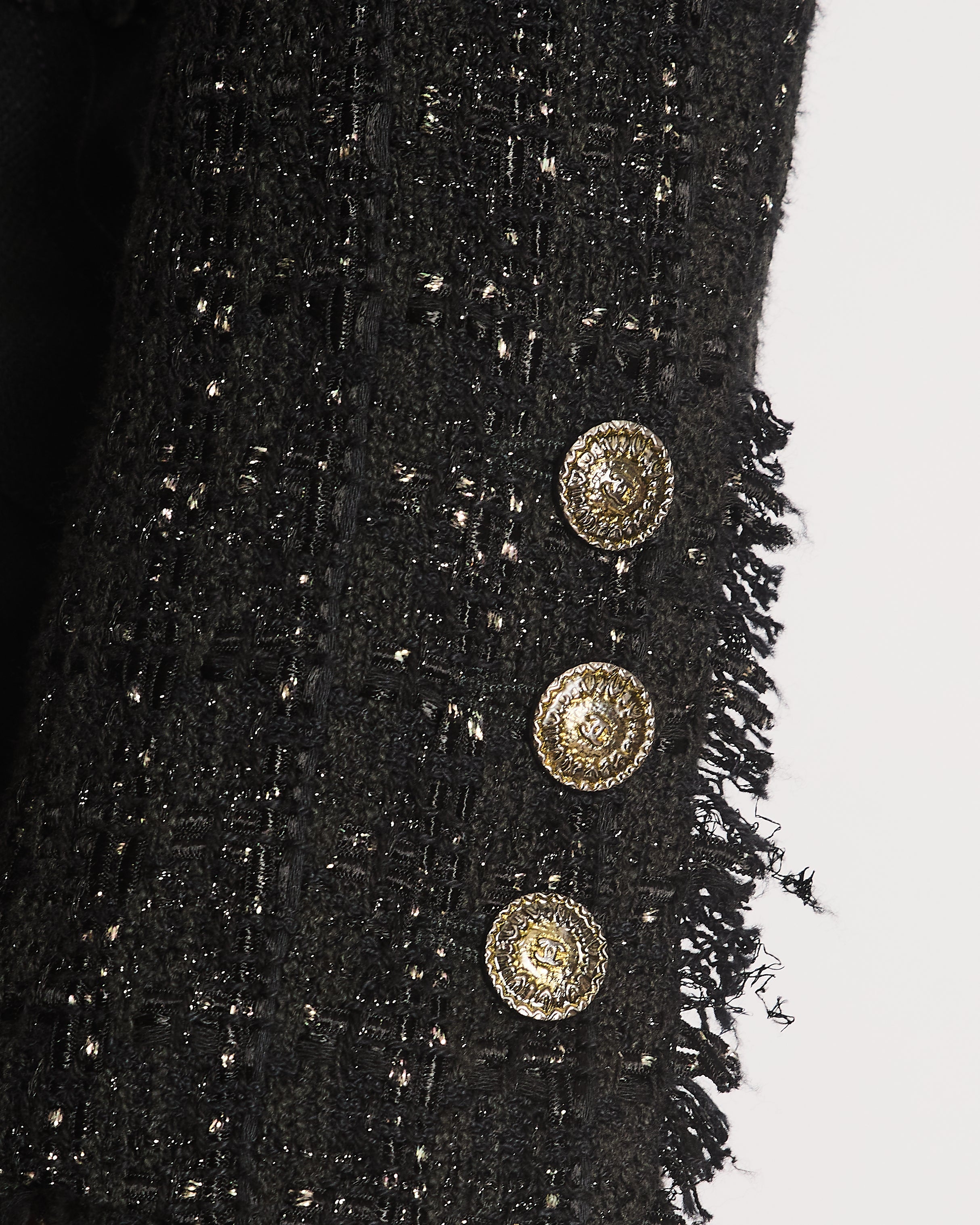 Chanel 2005 Black Tweed Single Breasted Jacket with Frayed Trim Detail Size FR 36 (UK 8)