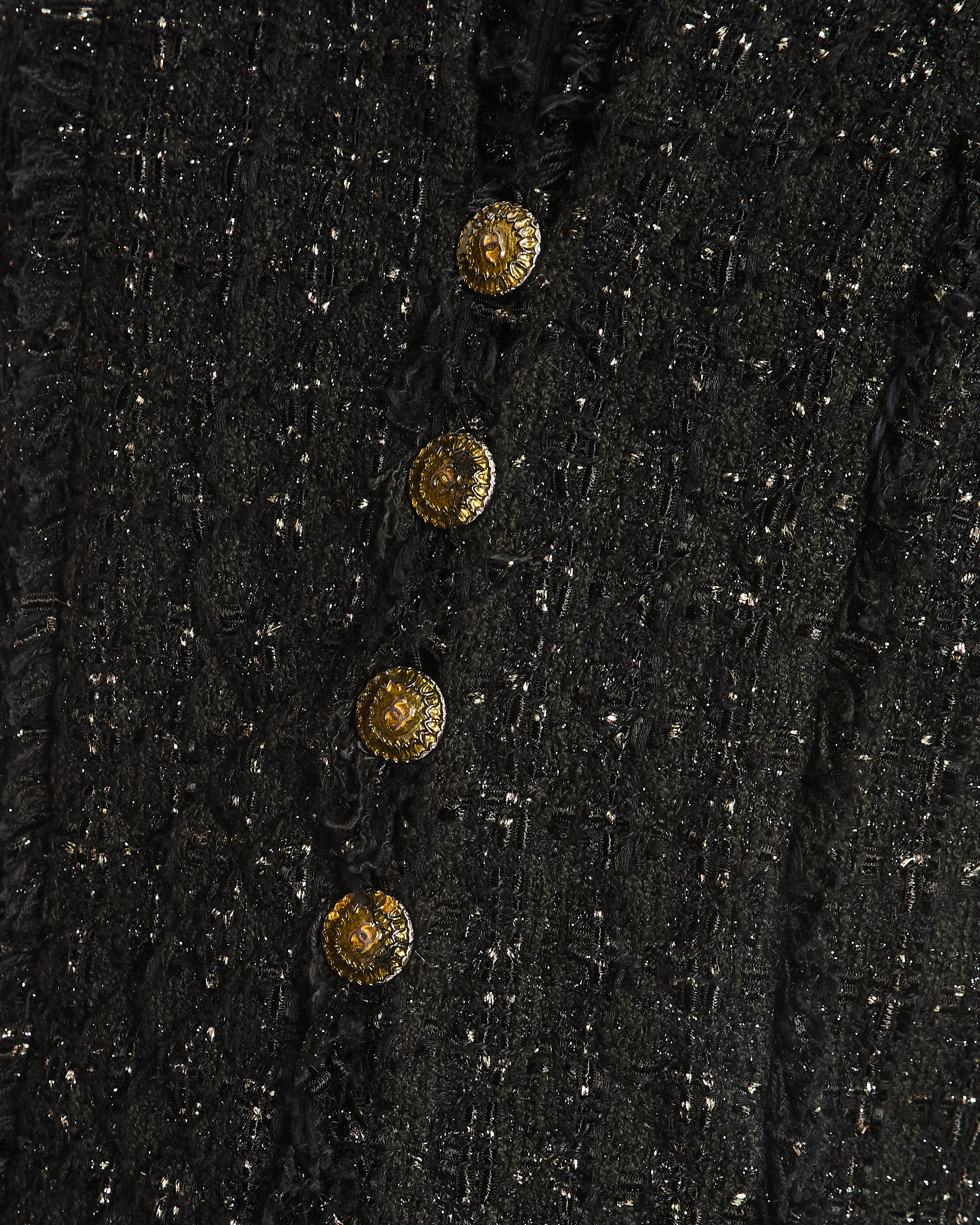 Chanel 2005 Black Tweed Single Breasted Jacket with Frayed Trim Detail Size FR 36 (UK 8)