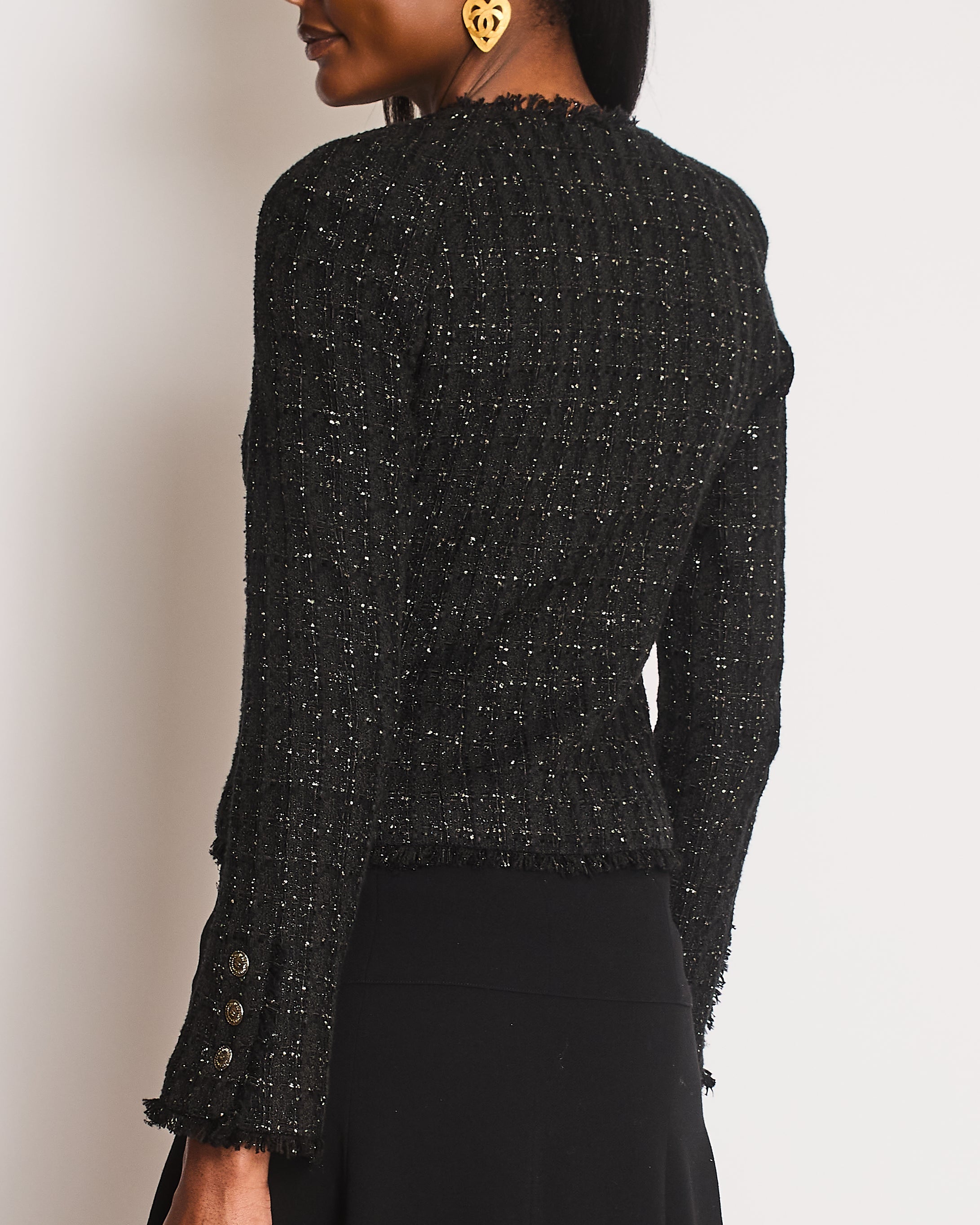 Chanel 2005 Black Tweed Single Breasted Jacket with Frayed Trim Detail Size FR 36 (UK 8)
