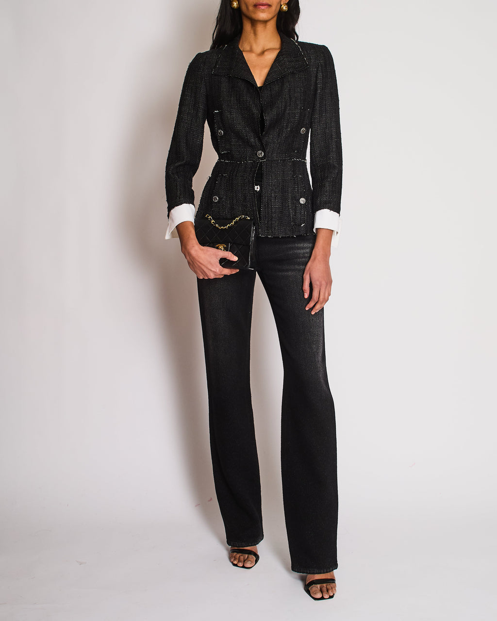 Chanel 07/P Black Silk Weaved Single Breasted Jacket with Detachable Cuff Detail Size FR 36 (UK 8)