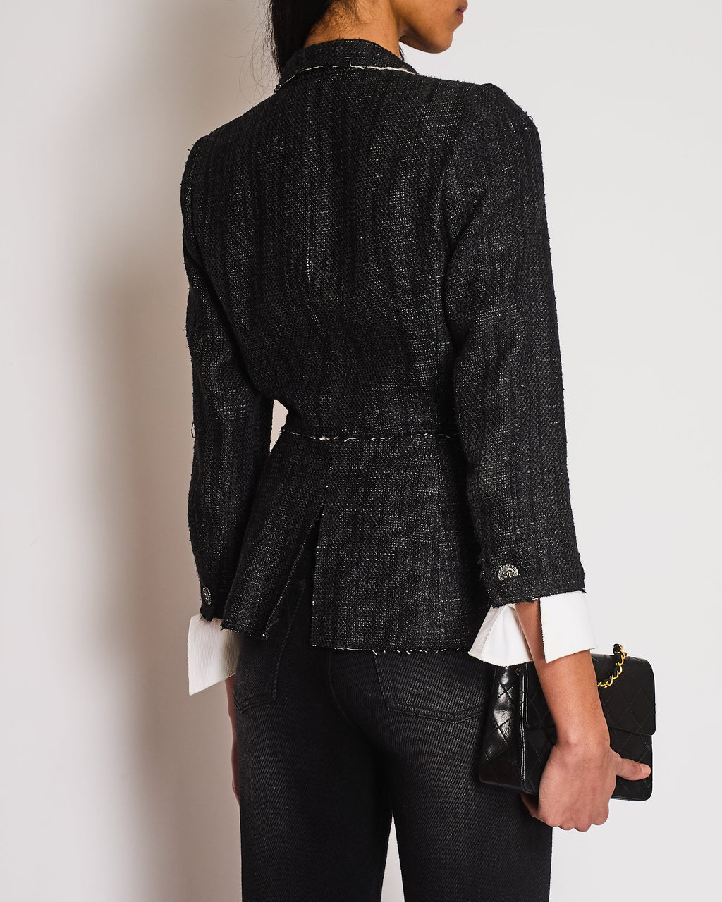 Chanel 07/P Black Silk Weaved Single Breasted Jacket with Detachable Cuff Detail Size FR 36 (UK 8)