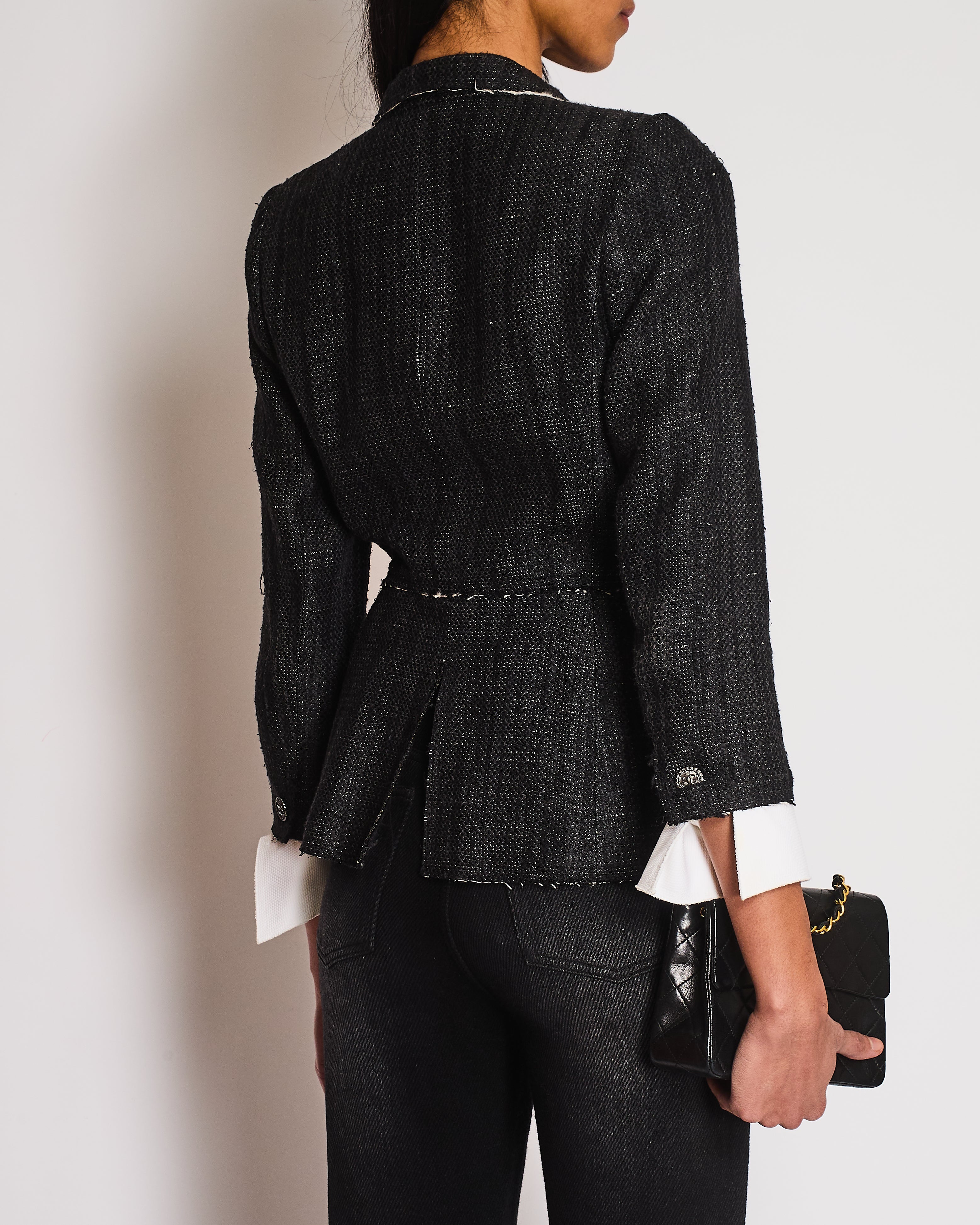 Chanel 07/P Black Silk Weaved Single Breasted Jacket with Detachable Cuff Detail Size FR 36 (UK 8)