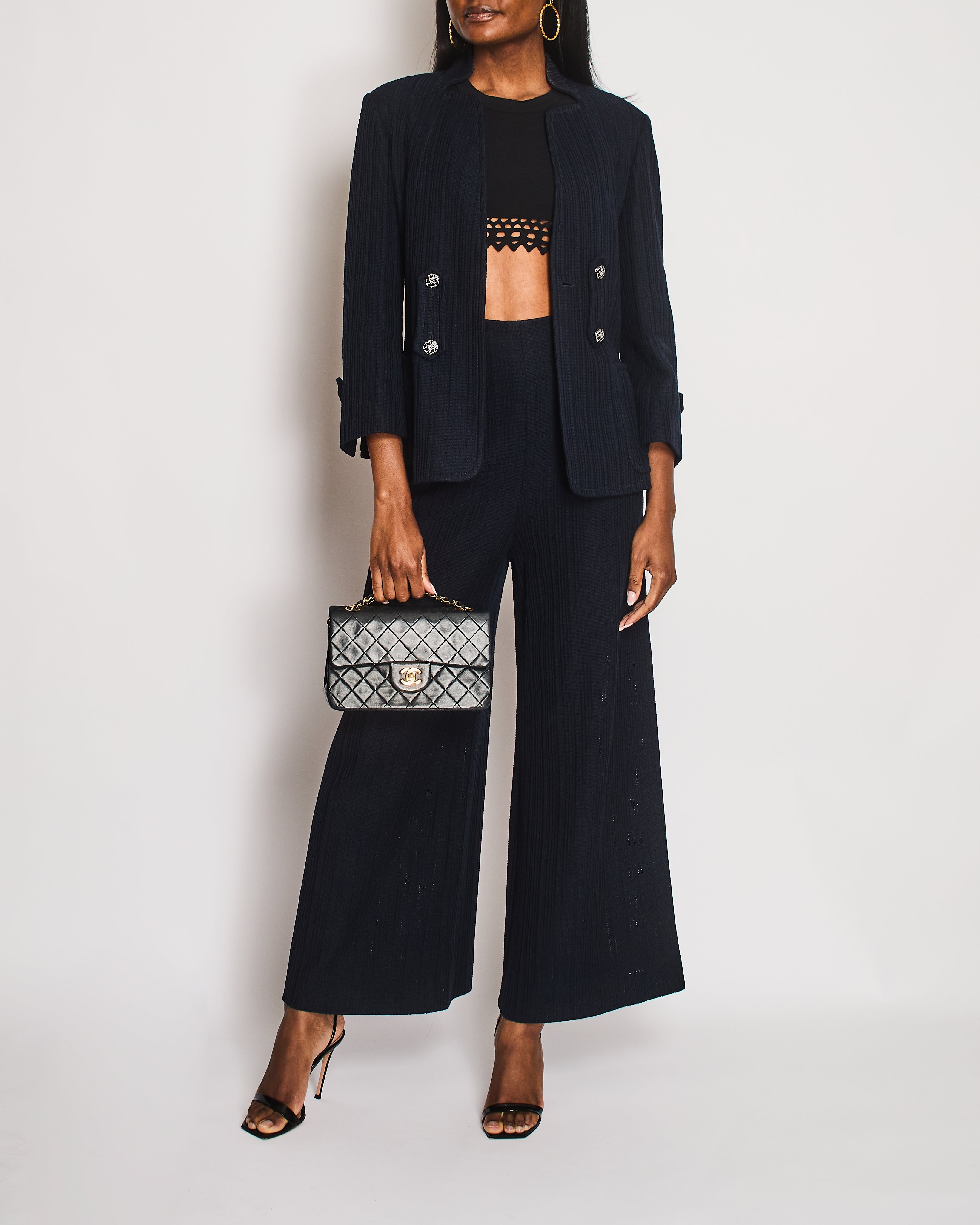 Chanel Navy Single Breasted Two-Piece Jacket and Trouser Set Size FR 42 (UK 14)