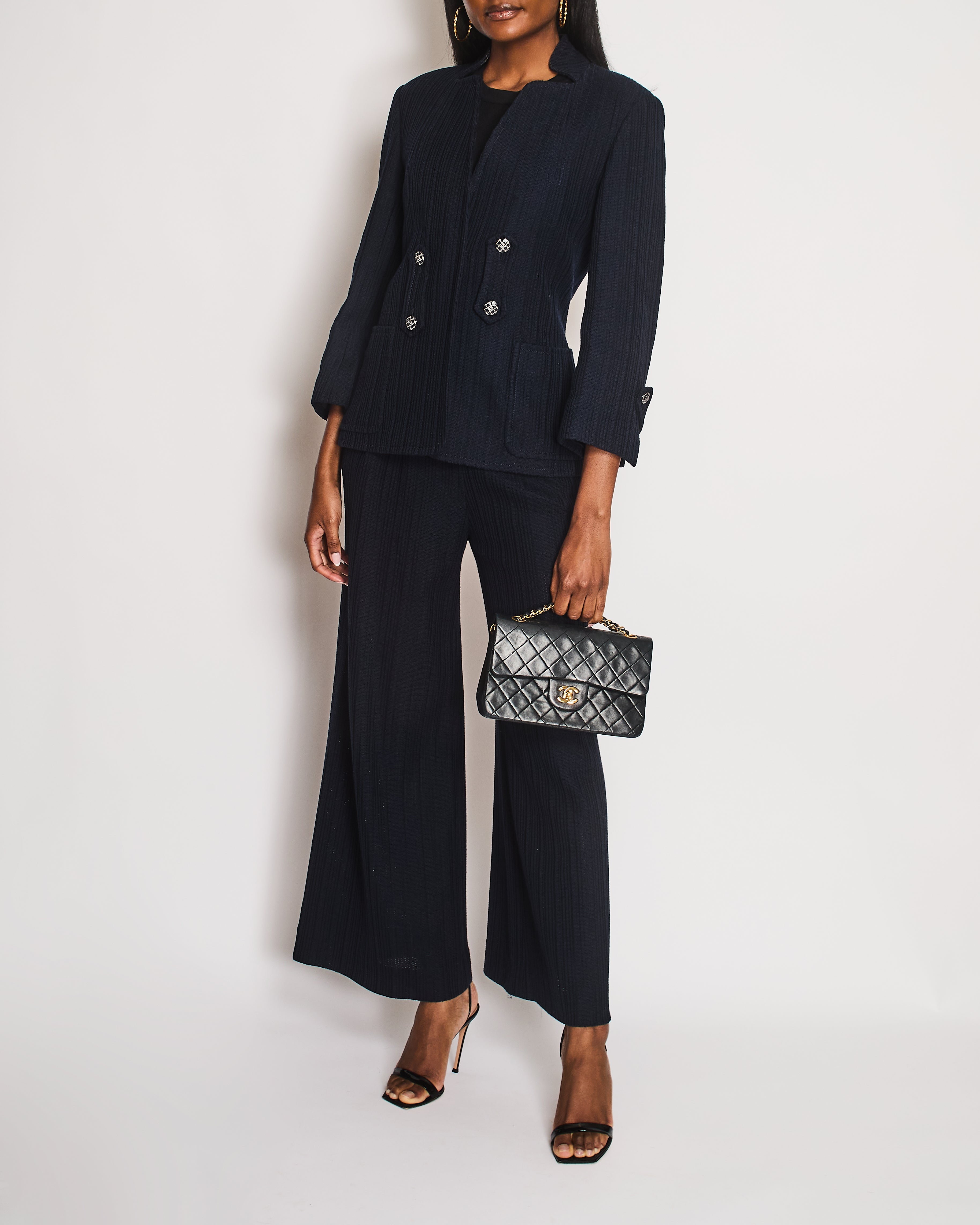 Chanel Navy Single Breasted Two-Piece Jacket and Trouser Set Size FR 42 (UK 14)