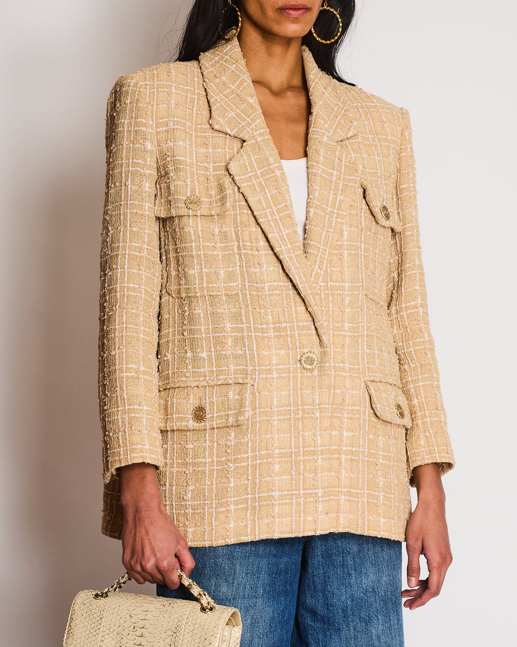 Chanel 19/S Beige Tweed Single Breasted Blazer with Pocket and CC Button Detail Size FR 40 (UK 12)
