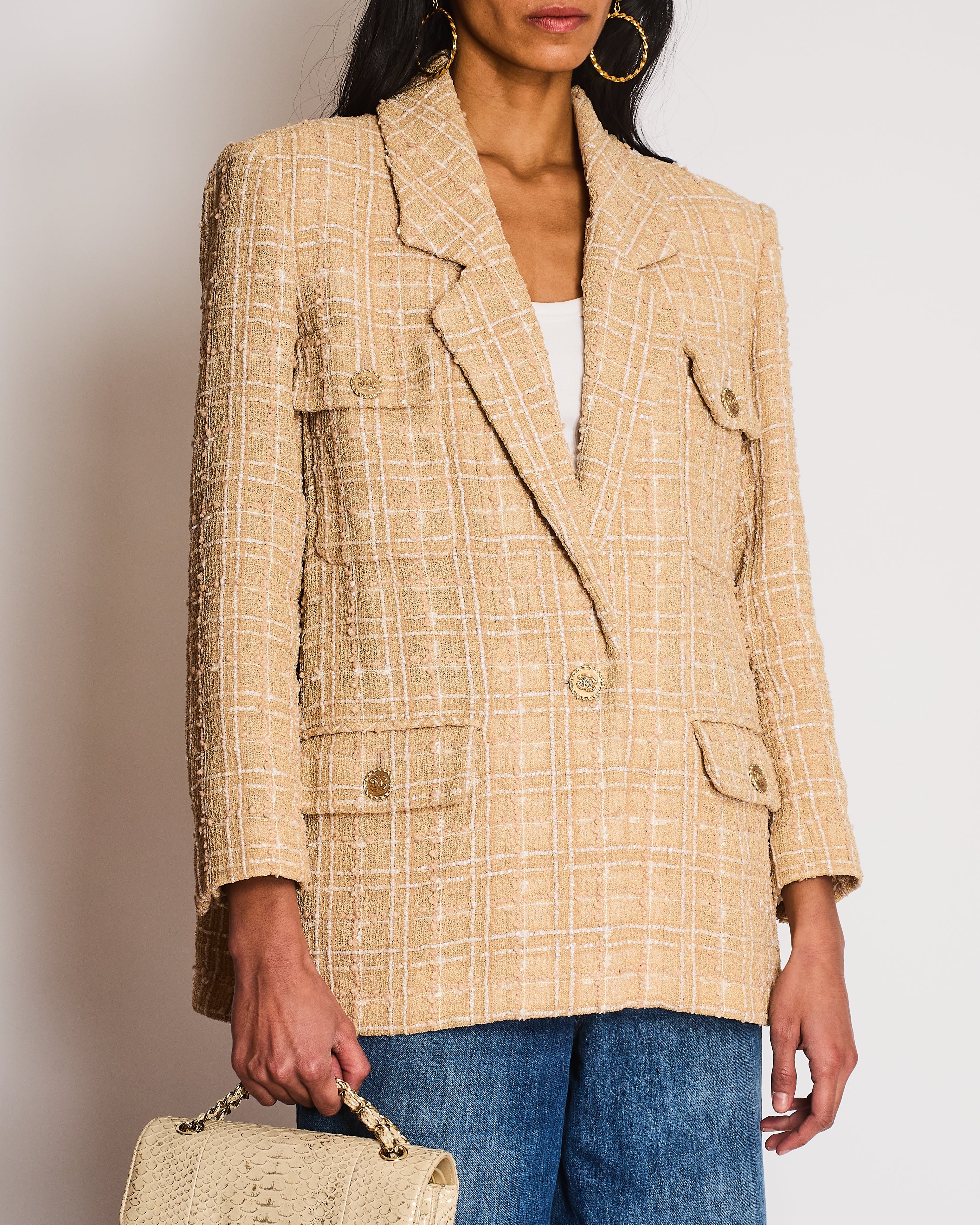 Chanel 19/S Beige Tweed Single Breasted Blazer with Pocket and CC Button Detail Size FR 40 (UK 12)