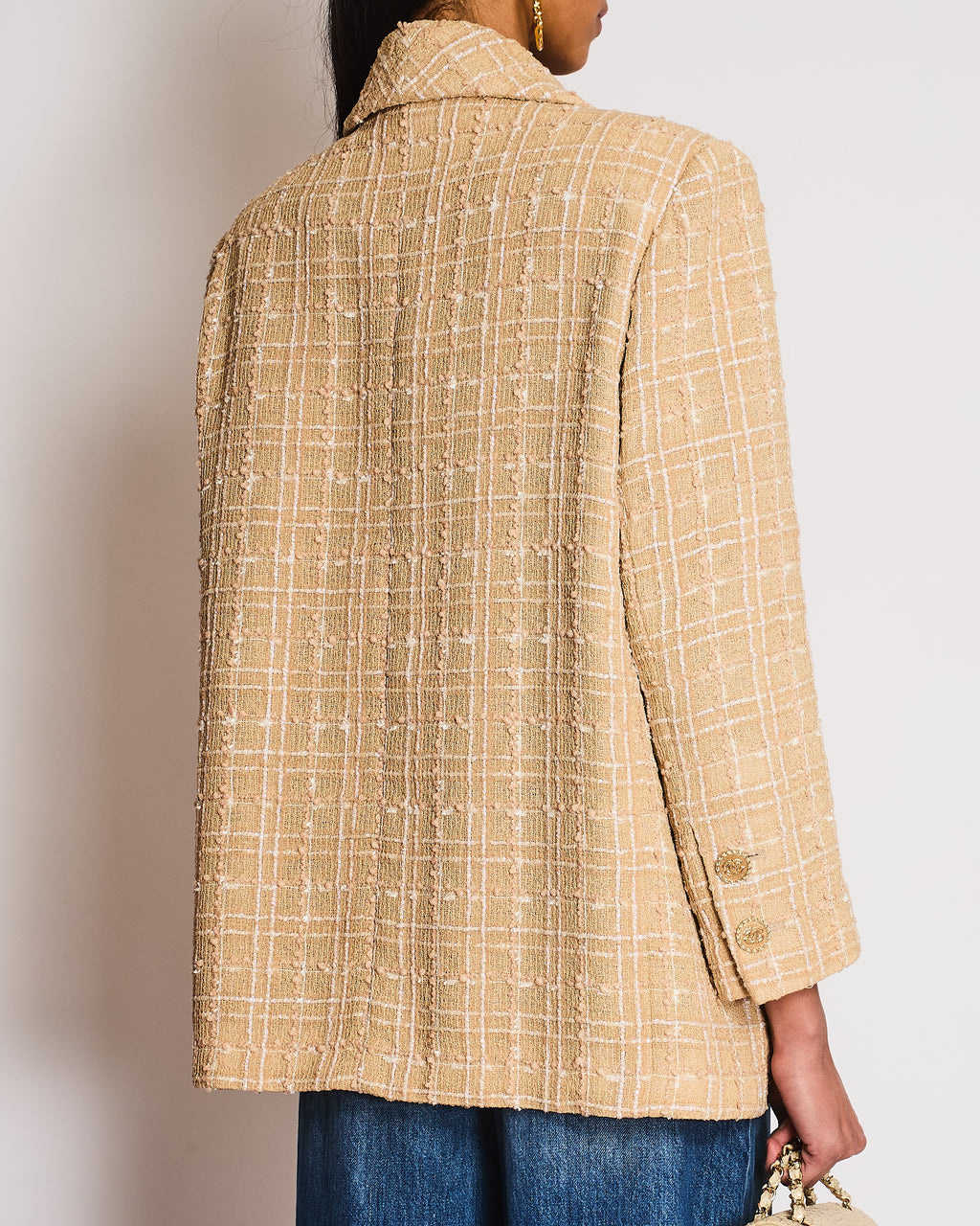 Chanel 19/S Beige Tweed Single Breasted Blazer with Pocket and CC Button Detail Size FR 40 (UK 12)