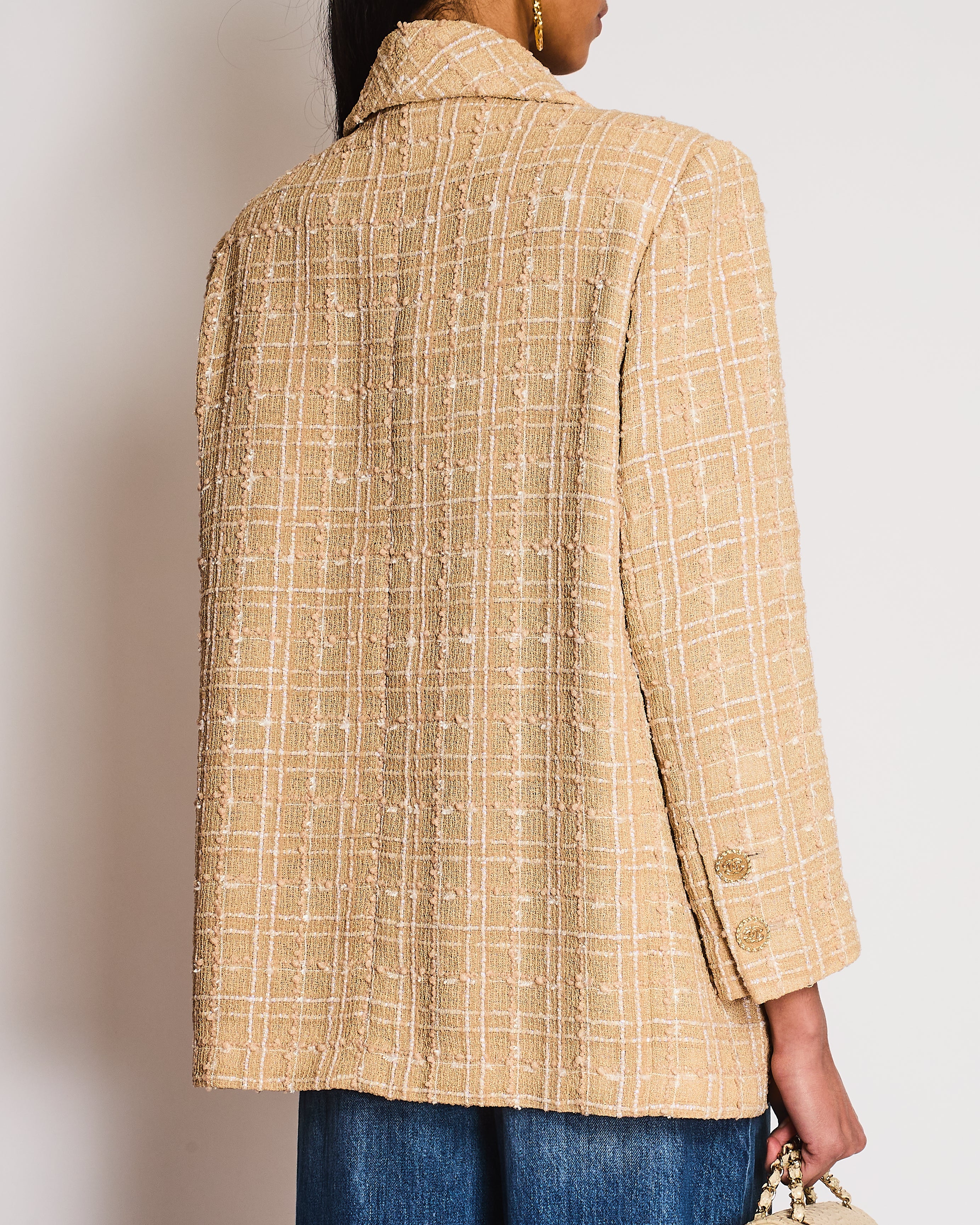 Chanel 19/S Beige Tweed Single Breasted Blazer with Pocket and CC Button Detail Size FR 40 (UK 12)