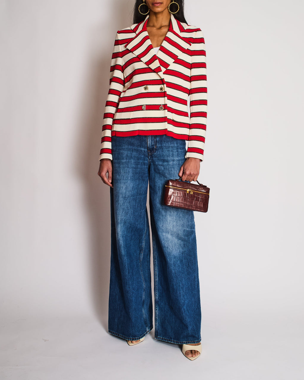 Chanel 08/P Red Striped Double Breasted Jacket with CC Button Detail Size FR 44 (UK 16)