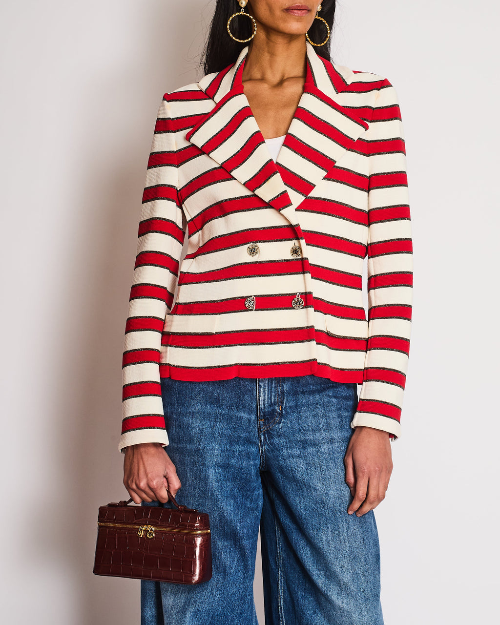 Chanel 08/P Red Striped Double Breasted Jacket with CC Button Detail Size FR 44 (UK 16)