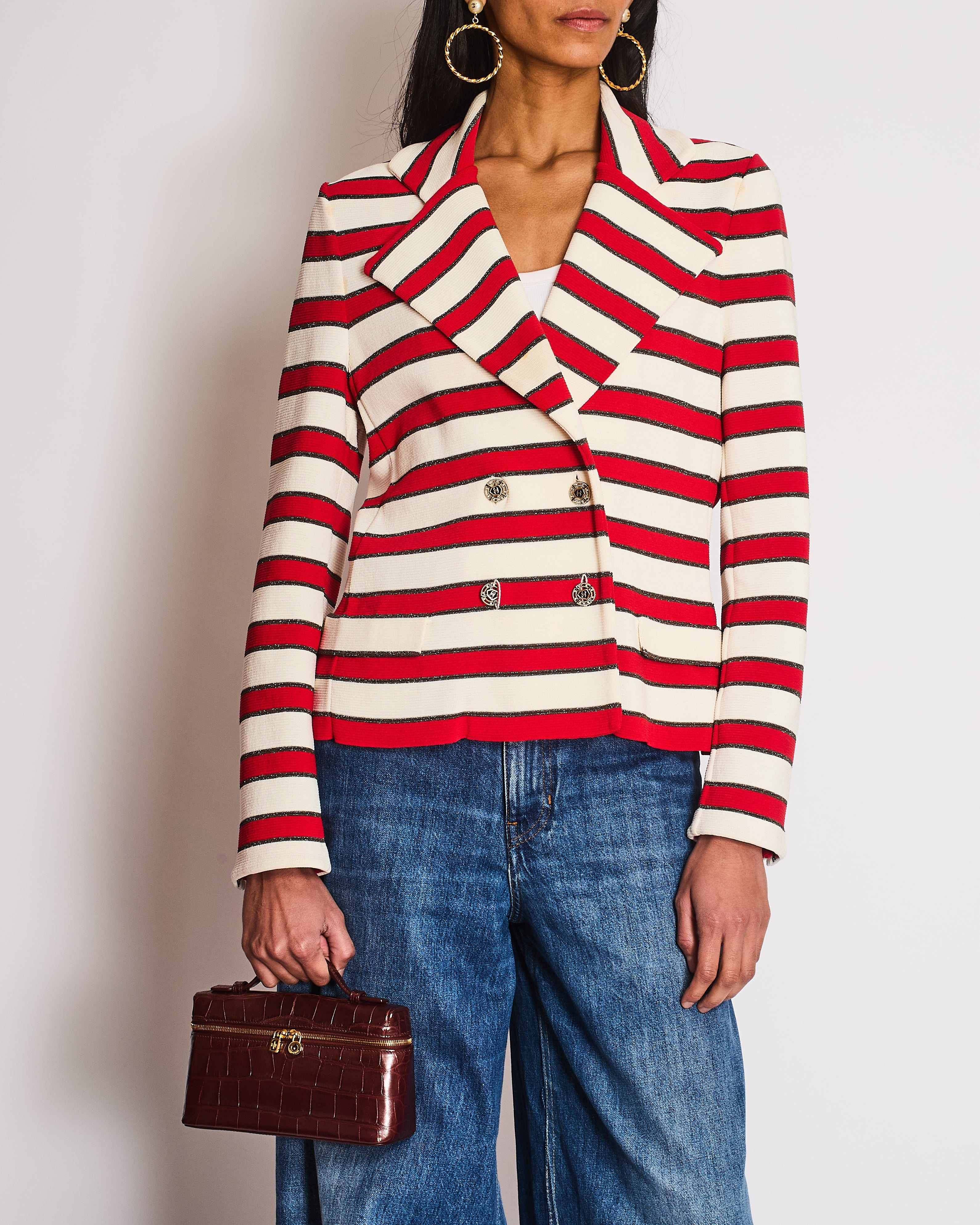 Chanel 08/P Red Striped Double Breasted Jacket with CC Button Detail Size FR 44 (UK 16)