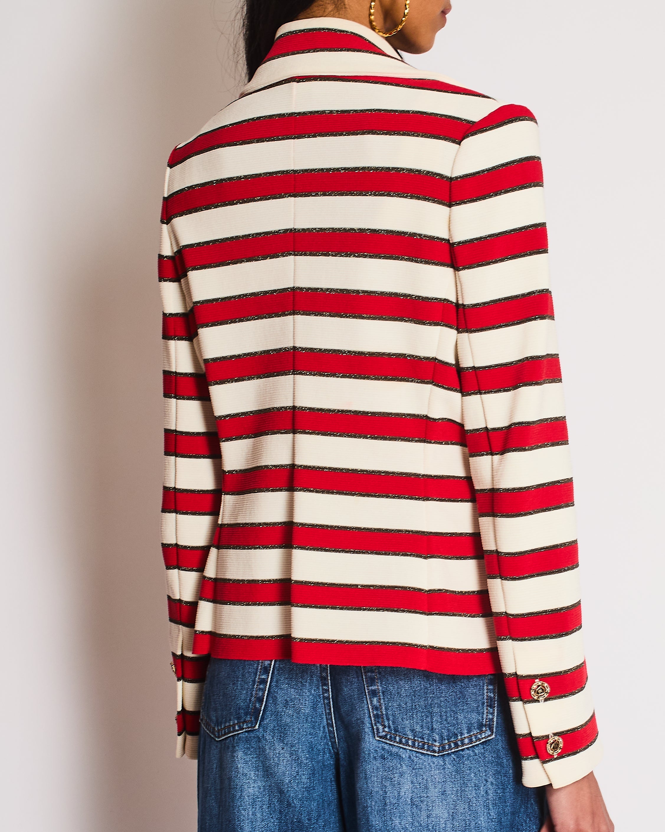 Chanel 08/P Red Striped Double Breasted Jacket with CC Button Detail Size FR 44 (UK 16)