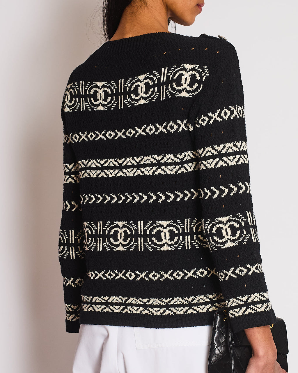 Chanel Black and White Logo Print Sweater with Silver CC logo Button Detail Size FR 36 (UK 8)