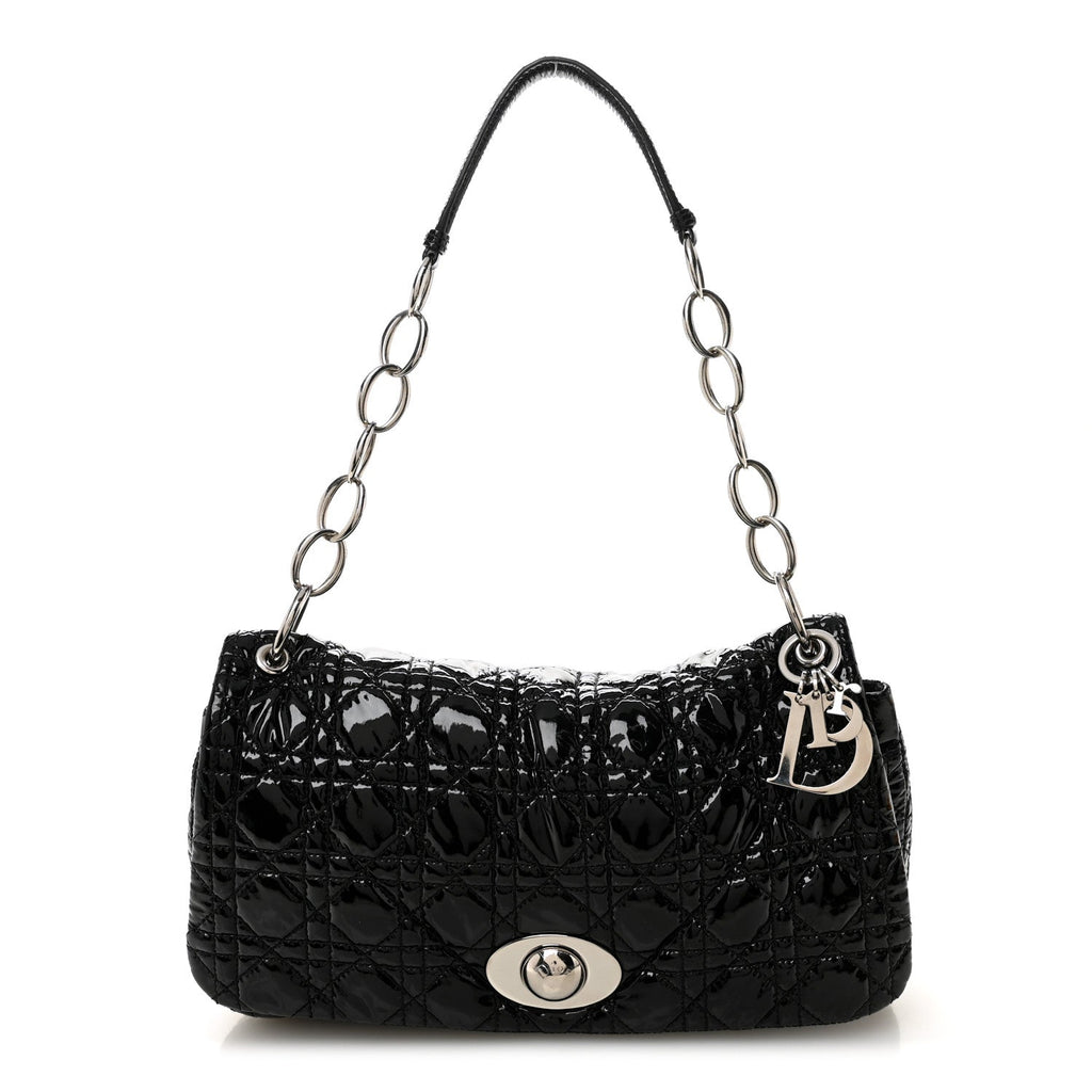 Christian Dior Patent Lambskin Cannage Rendezvous Flap Black