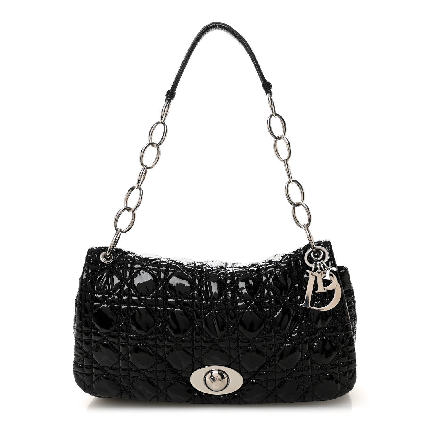 Christian Dior Patent Lambskin Cannage Rendezvous Flap Black