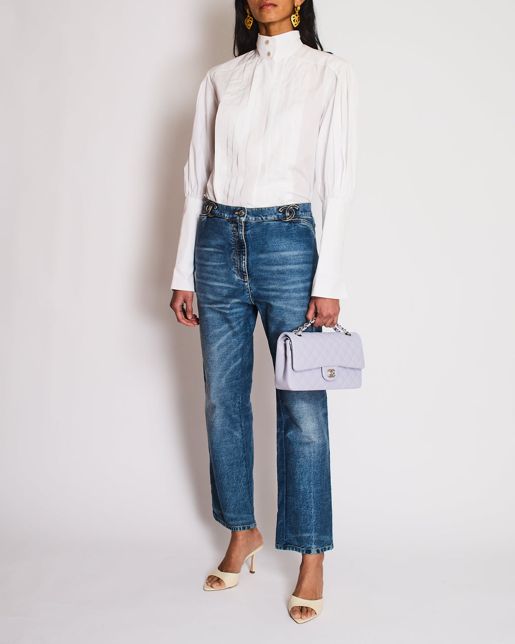 Chanel 24/S Blue Denim Straight Leg Jeans With CC Logo Along the Waistband and Camelia Button Detail Size 42 (UK 14)