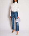 Chanel 24/S Blue Denim Straight Leg Jeans With CC Logo Along the Waistband and Camelia Button Detail Size 42 (UK 14)
