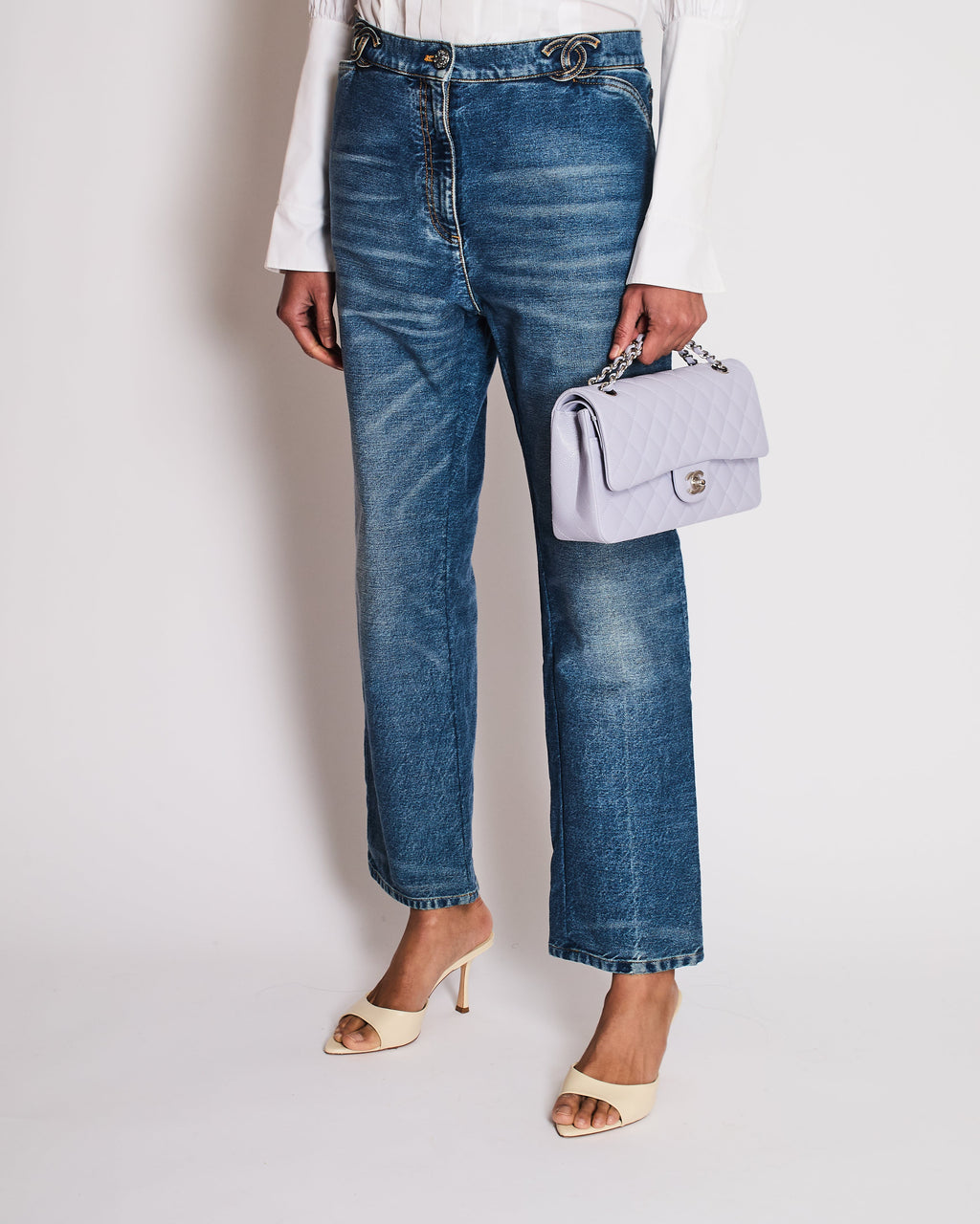 Chanel 24/S Blue Denim Straight Leg Jeans With CC Logo Along the Waistband and Camelia Button Detail Size 42 (UK 14)