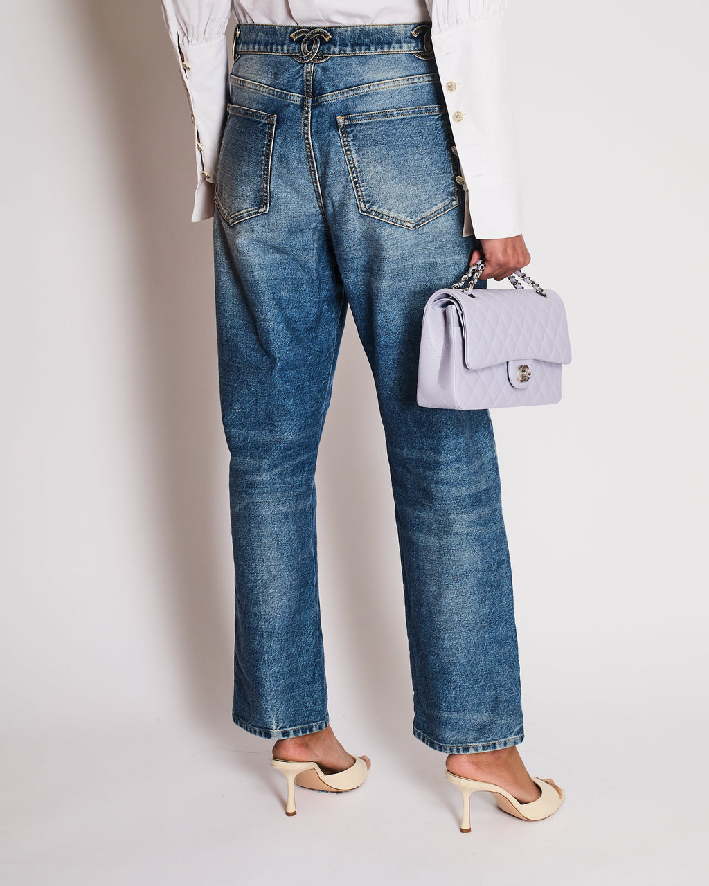 Chanel 24/S Blue Denim Straight Leg Jeans With CC Logo Along the Waistband and Camelia Button Detail Size 42 (UK 14)