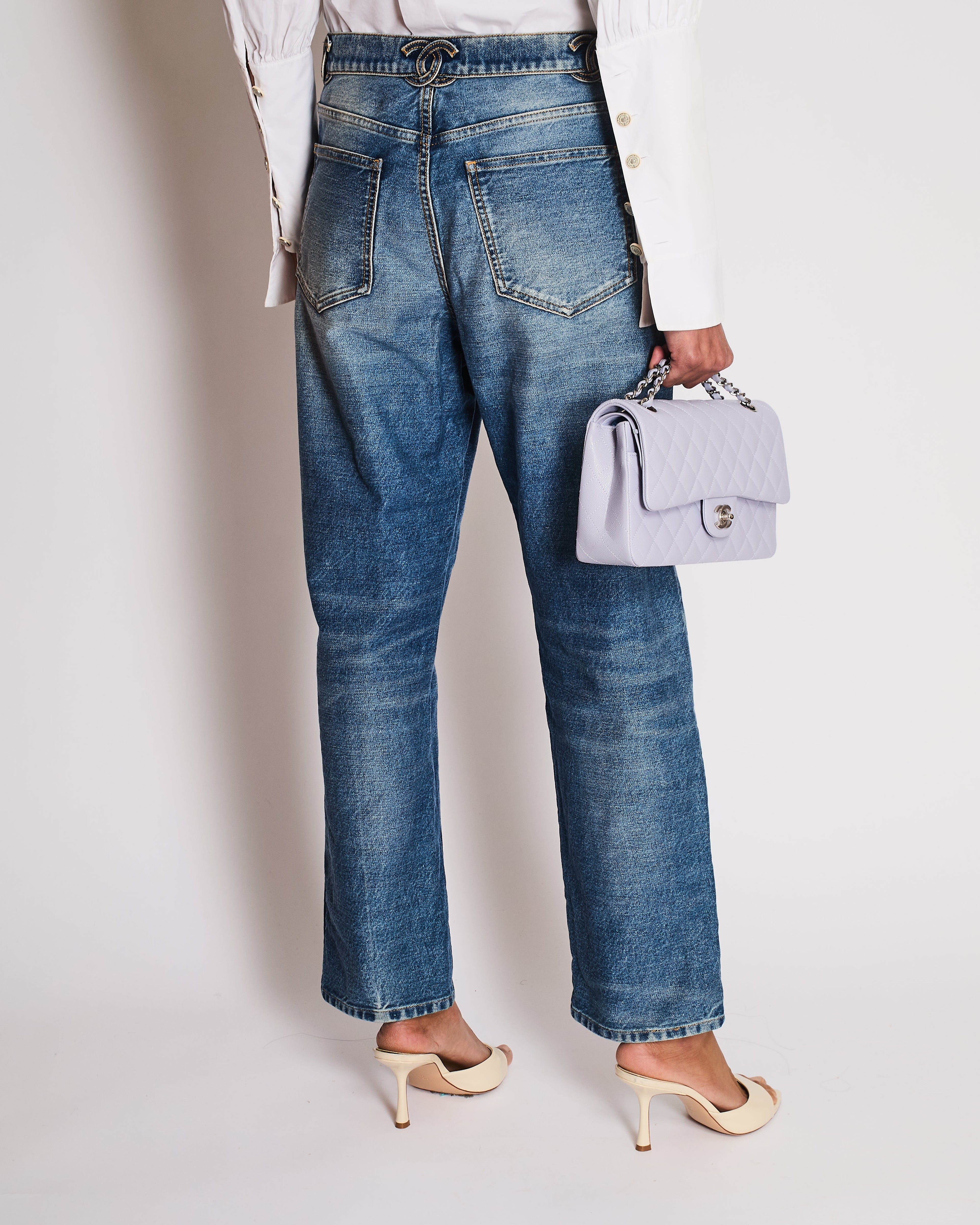 Chanel 24/S Blue Denim Straight Leg Jeans With CC Logo Along the Waistband and Camelia Button Detail Size 42 (UK 14)