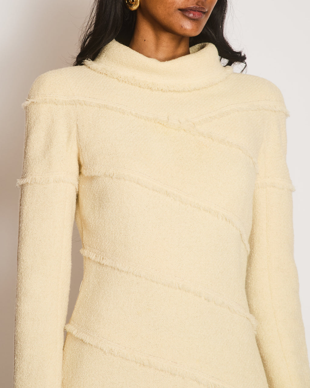Chanel Cream Wool Long-Sleeved Mini Dress with Fringed Details and Gold CC Logo Buttons Size FR 36 (UK 8)