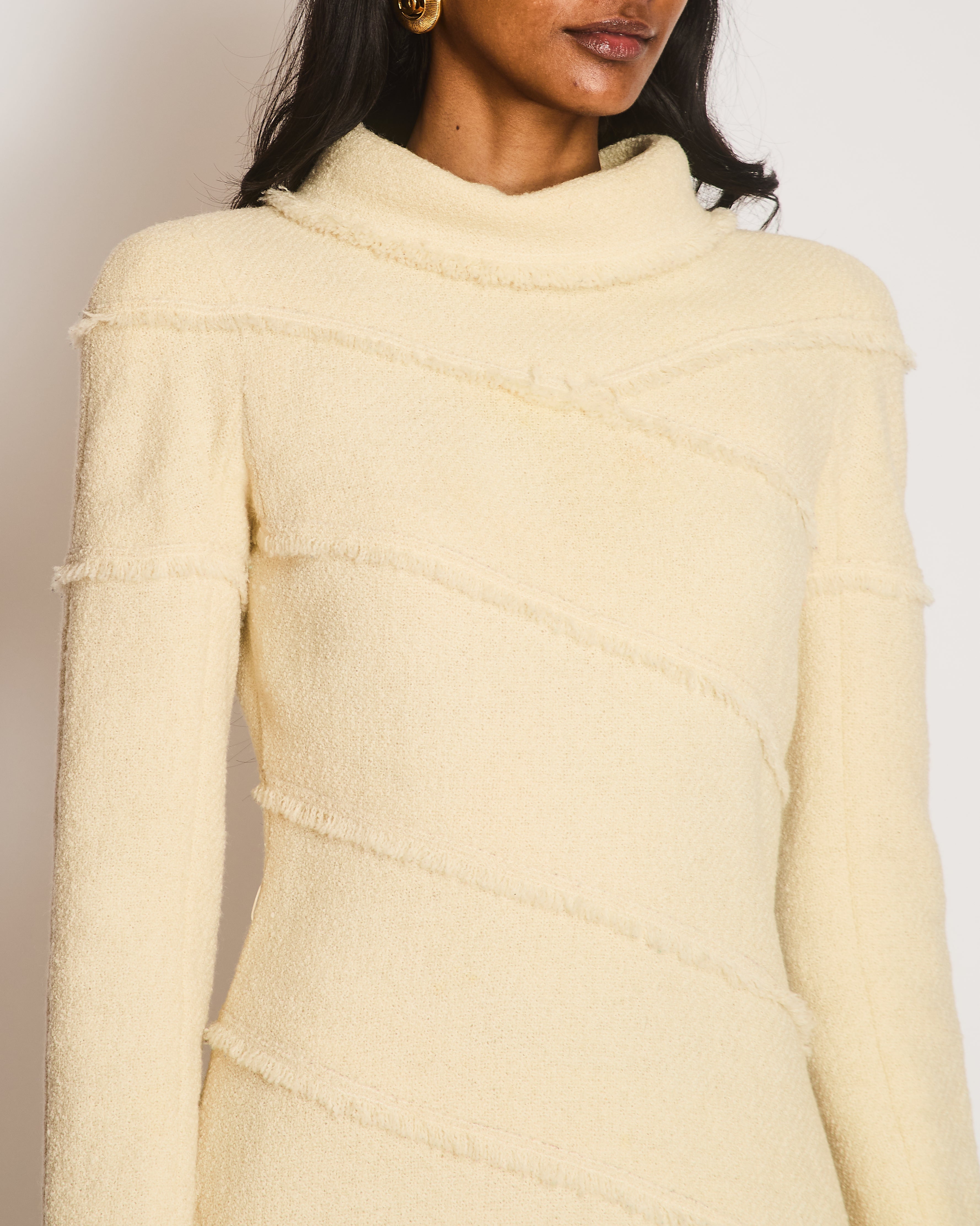 Chanel Cream Wool Long-Sleeved Mini Dress with Fringed Details and Gold CC Logo Buttons Size FR 36 (UK 8)