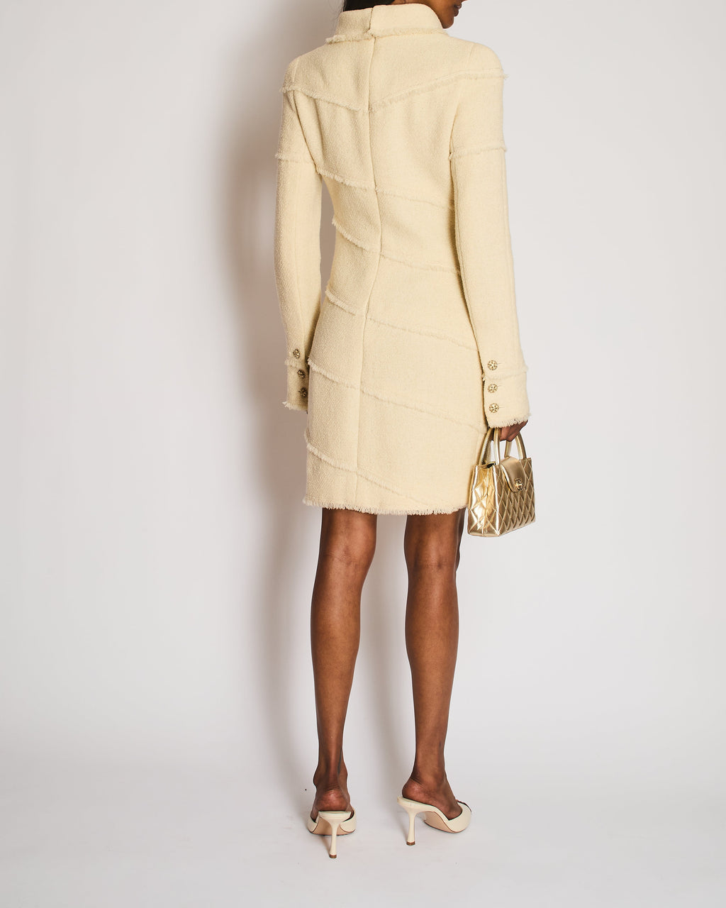 Chanel Cream Wool Long-Sleeved Mini Dress with Fringed Details and Gold CC Logo Buttons Size FR 36 (UK 8)