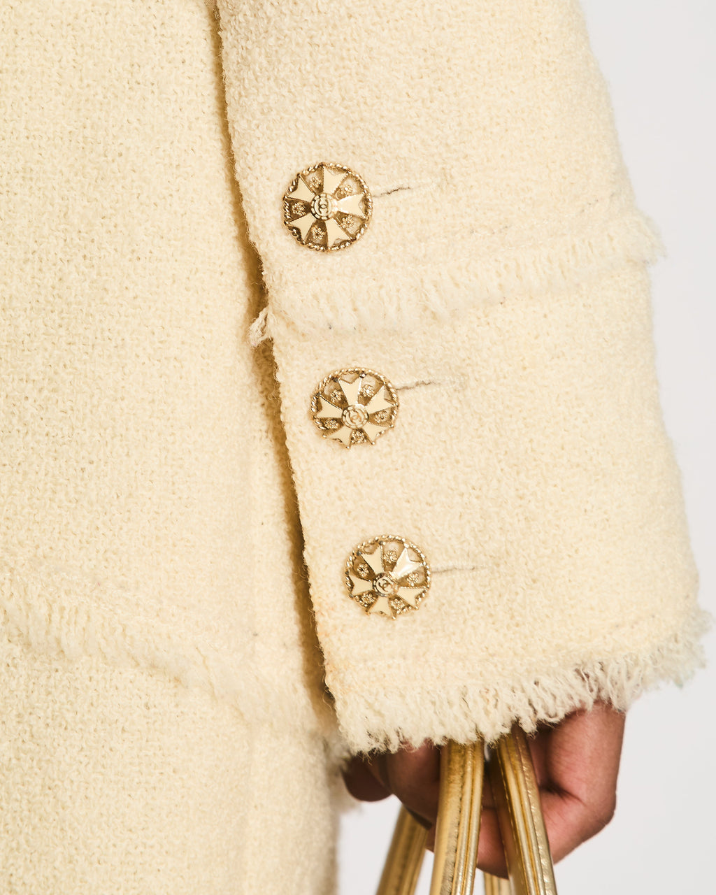Chanel Cream Wool Long-Sleeved Mini Dress with Fringed Details and Gold CC Logo Buttons Size FR 36 (UK 8)
