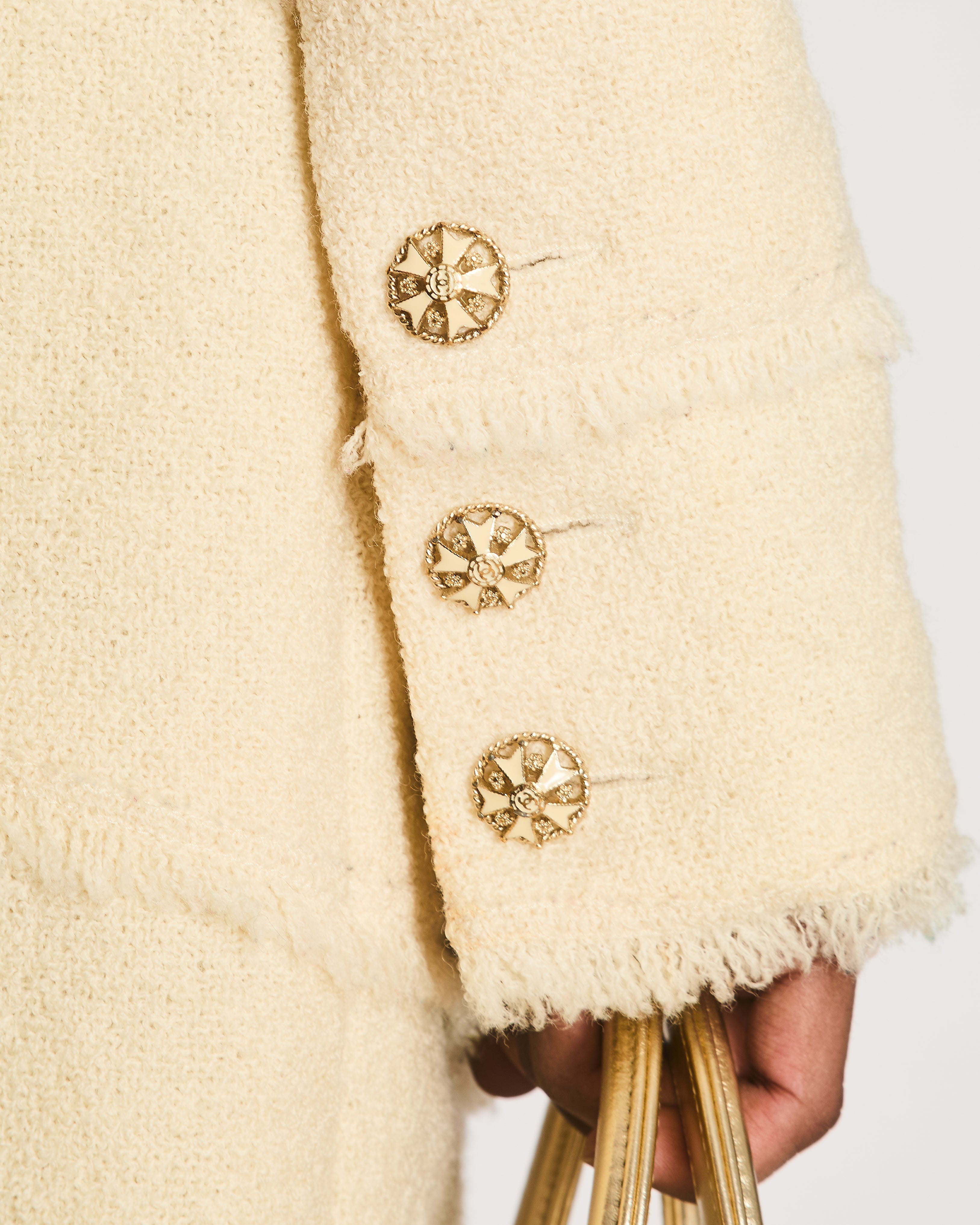Chanel Cream Wool Long-Sleeved Mini Dress with Fringed Details and Gold CC Logo Buttons Size FR 36 (UK 8)