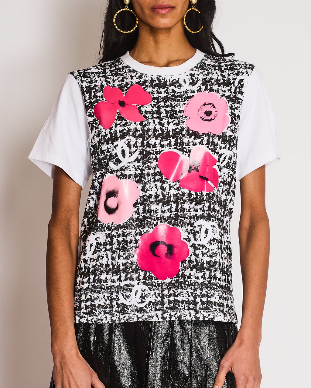 Chanel 24/S Black and White Tweed Effect T-Shirt with Laminate Pink Flowers Size M (UK 10)