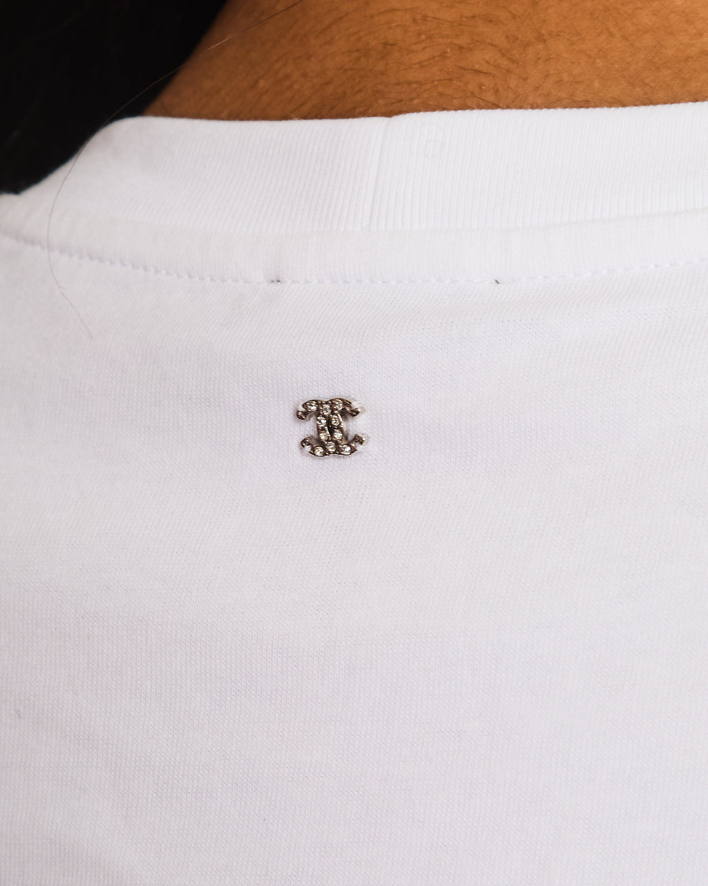 Chanel 24/S Black and White Tweed Effect T-Shirt with Laminate Pink Flowers Size M (UK 10)